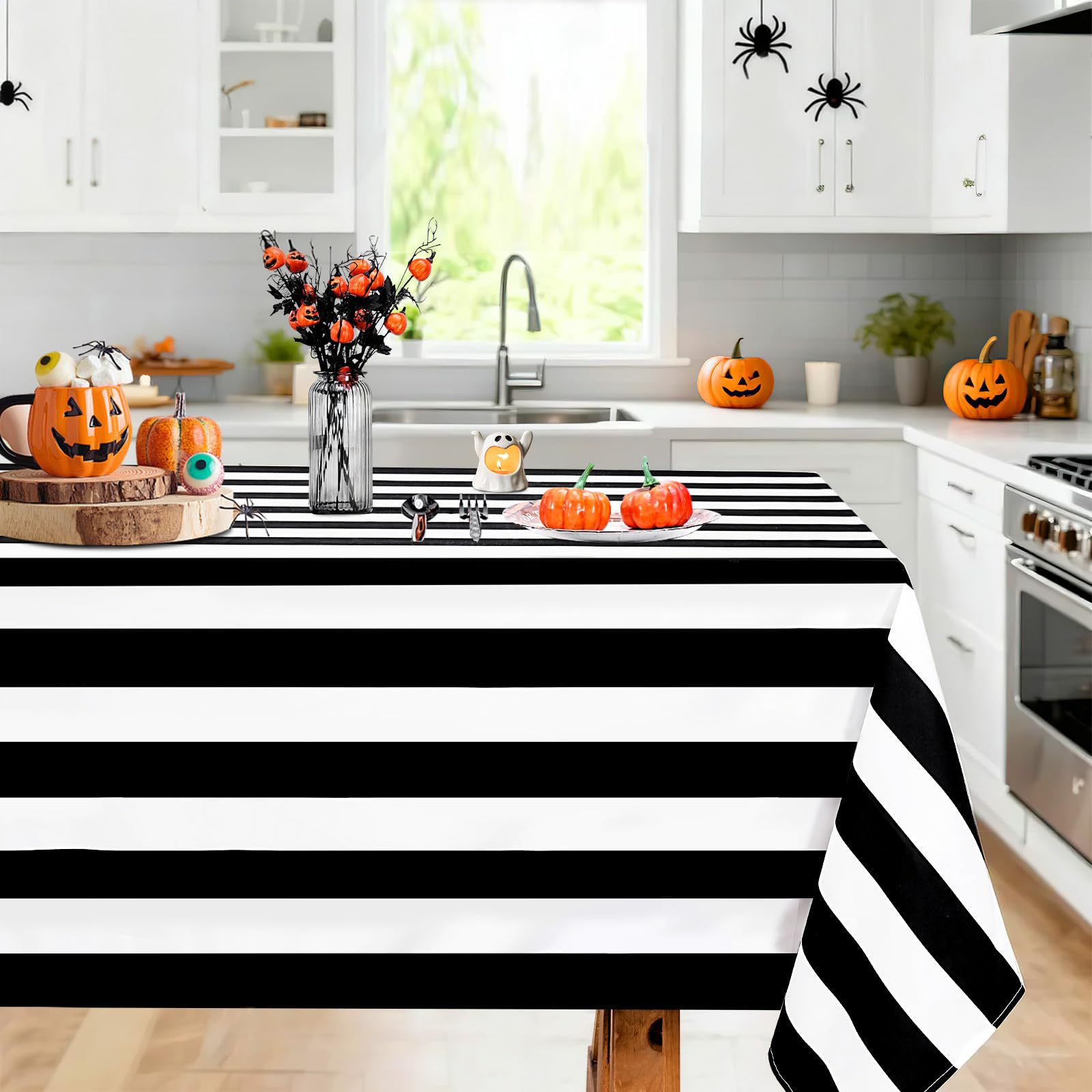 Black White Table Cloth Rectangular Polyester for Halloween 140x300cm