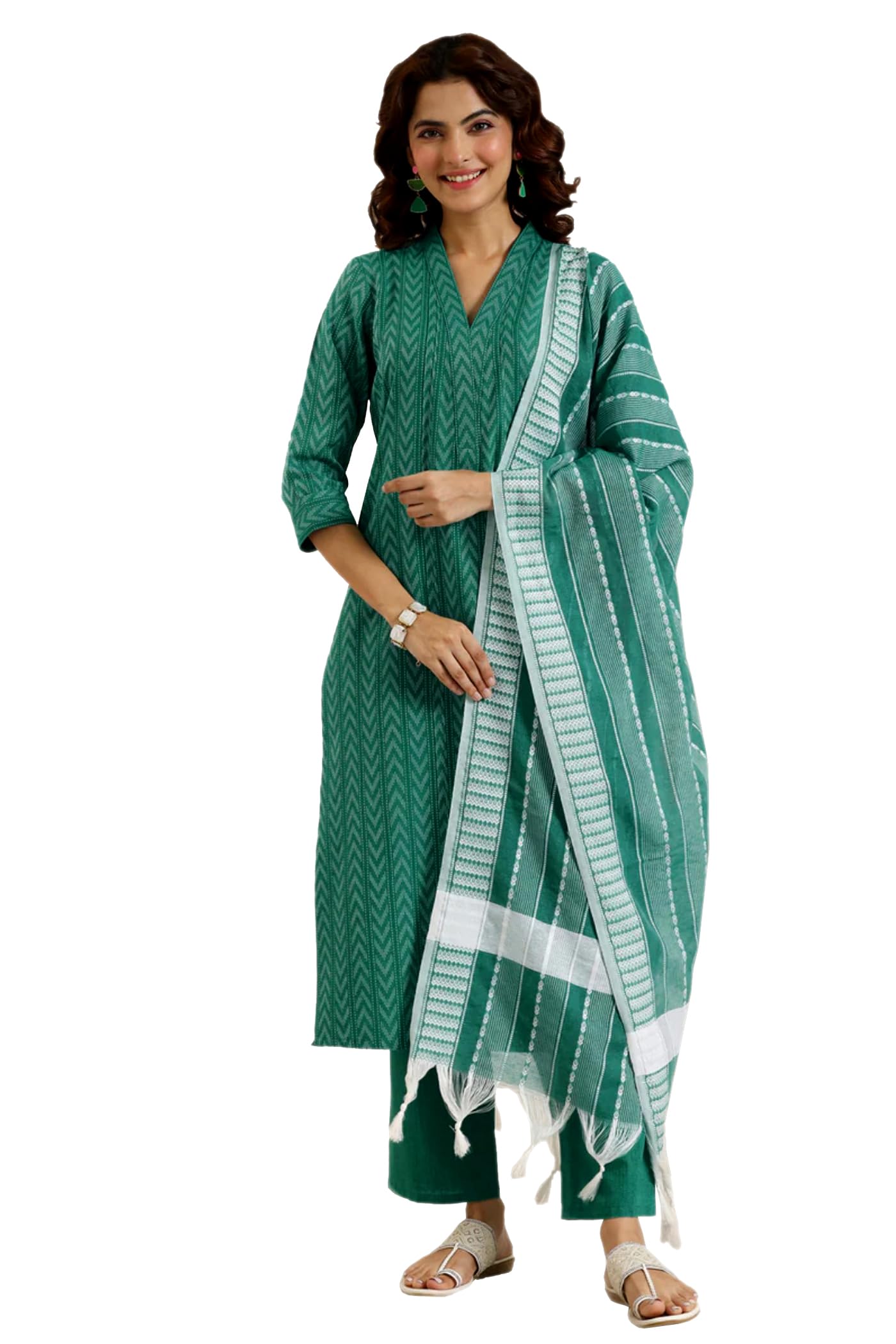 Women's Cotton Co-Ord Set - Jacquard Green Straight Kurta & Pant with Dupatta | Ethnic Coord Set for Women-image-30