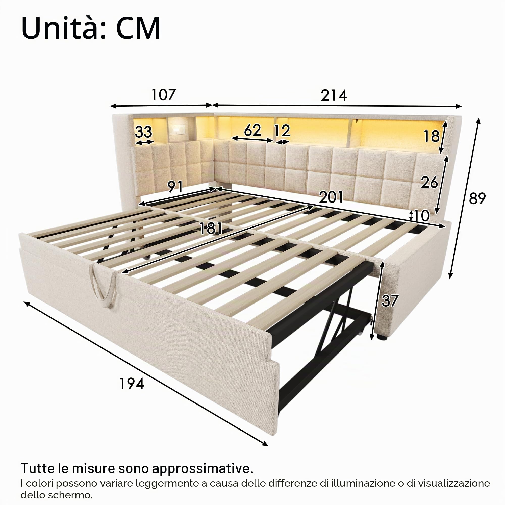 Letto imbottito in lino, 90 x 200 cm, con letto estraibile 90 x 190 cm, LED, altoparlante Bluetooth, porta di ricarica USB e tipo C, testiera a L con scaffalatura, divano letto/letto degli ospiti