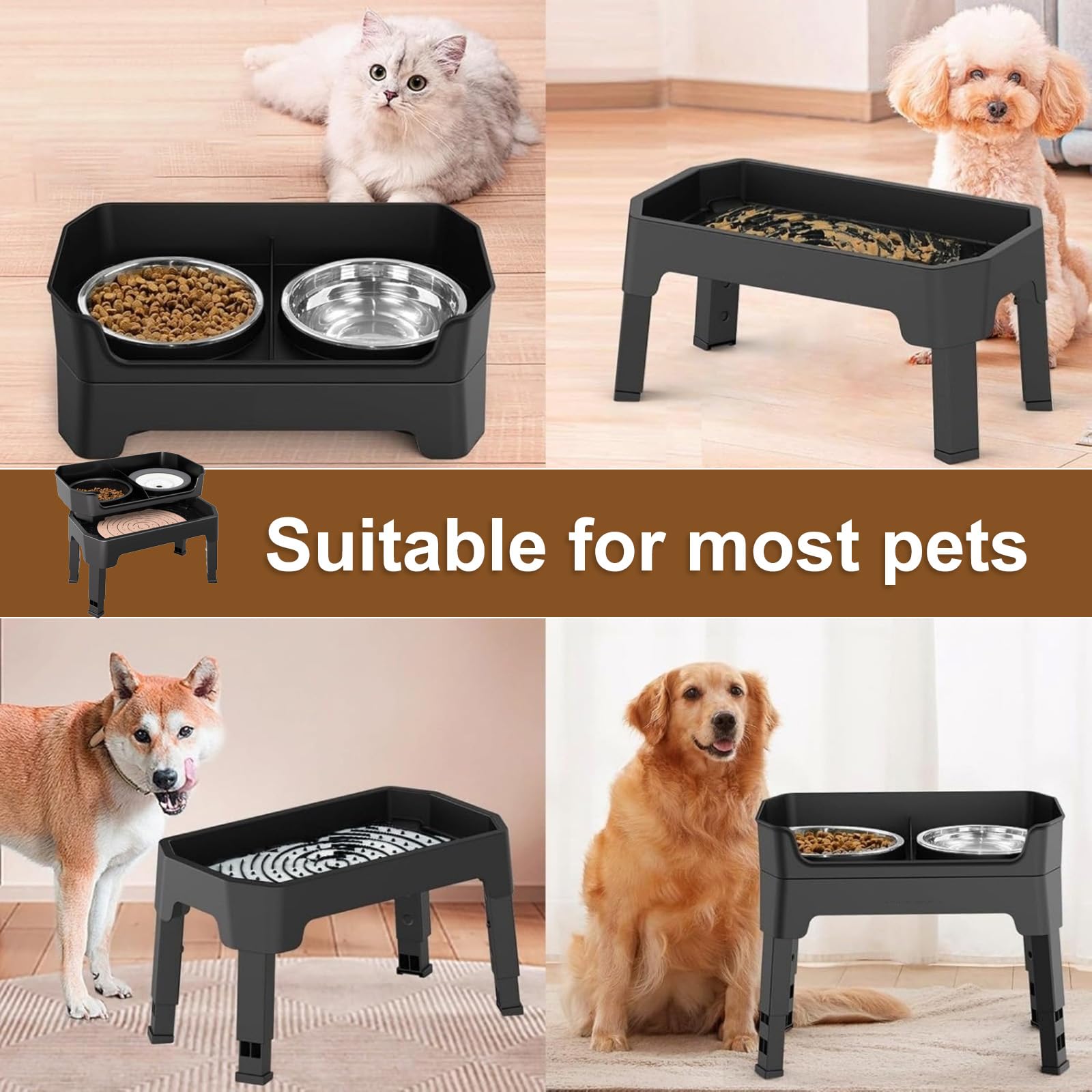 Cuenco elevado para perros, soporte elevado ajustable de 4 alturas con 2 cuencos y comedero lento, para perros grandes, medianos y pequeños (altura ajustable de 6.3 pulgadas, 11.4 pulgadas, 13