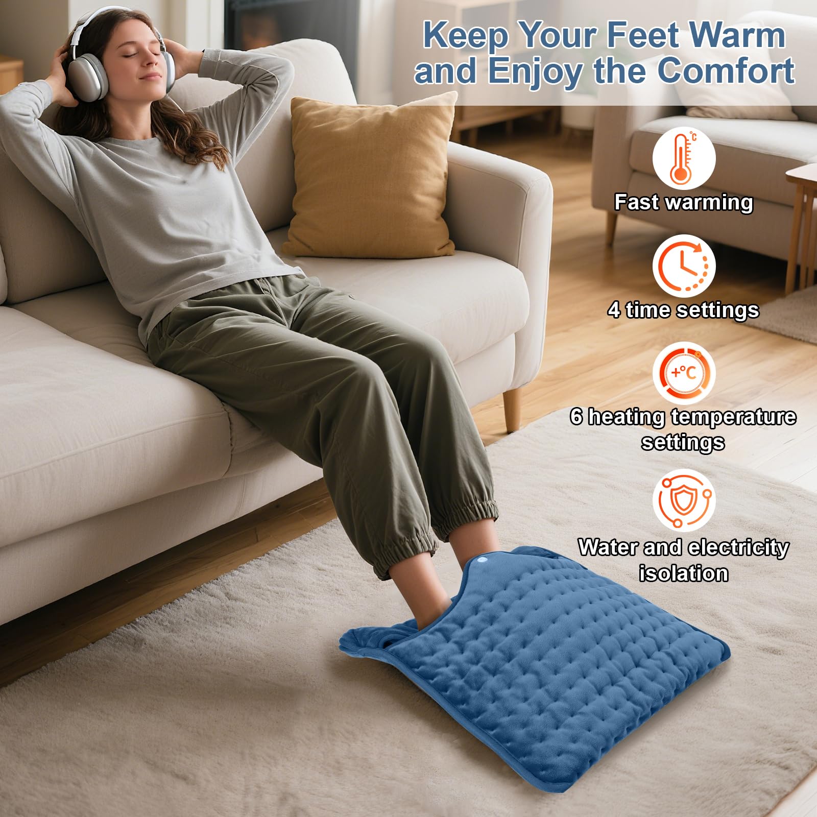 Calentador de pies eléctrico para mujeres hombres y personas mayores.Calentamiento rápido con 6 niveles de calor y temporizador.Alfombra Eléctrica Calefactora Lavable,Azul marino,40 x 40 cm.