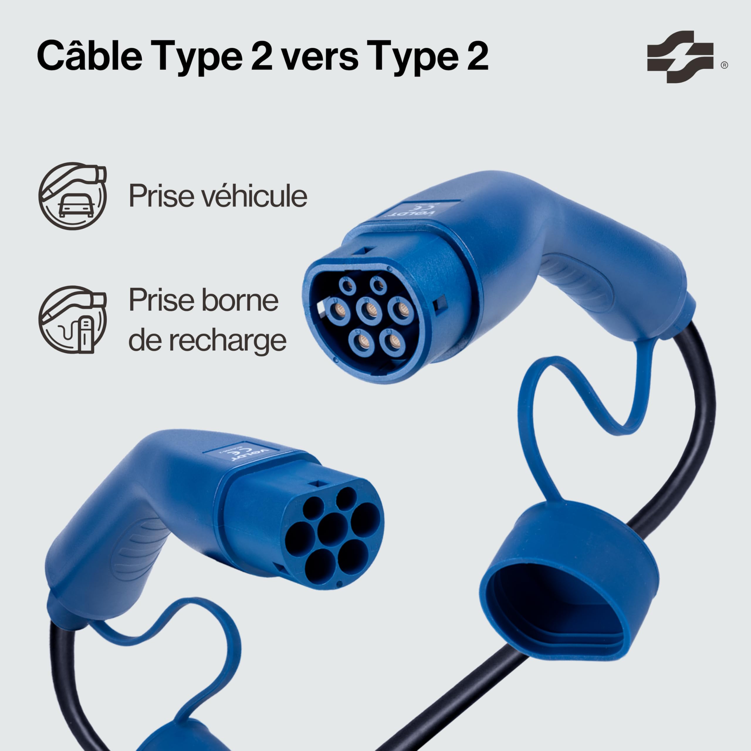 VOLDT Câble de charge de type 2 22 kW 32 A triphasé pour voitures électriques EV PHEV, type 2 vers type 2 Mode 3, convient pour modèle S/X/Y/3, ID.4, E-Tron, e-208, I4, IX1, Zoe, etc. Protection IP67