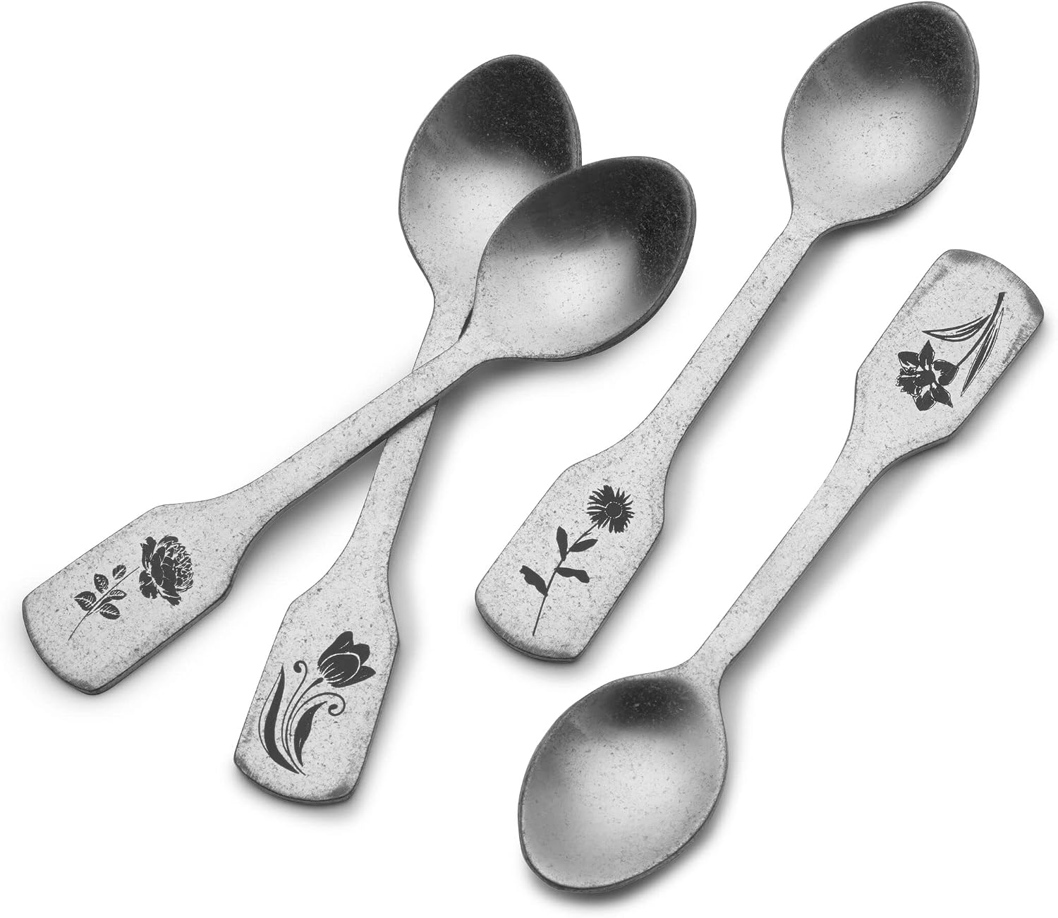 Towle Living Matte Floral Demitasse Spoons Set of 4 - Stainless Steel Coffee Spoons with Unique Floral Motif Handles, Stone Washed Finish, 4.75 Inches