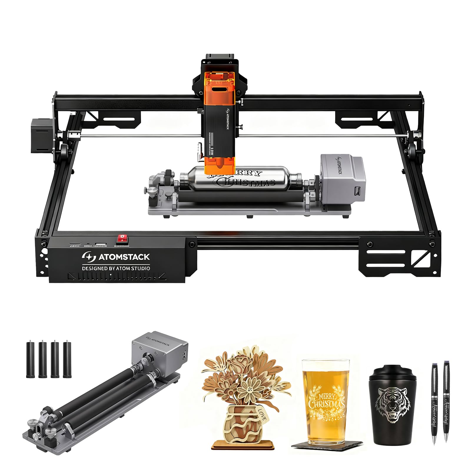 ATOMSTACK A10 PRO V2 Machine de gravure laser 12W avec rouleau rotatif R6, coupeur laser par points de 0,06 mm, Graveuse laser haute précision pour bois, métal, verre acrylique, bricolage