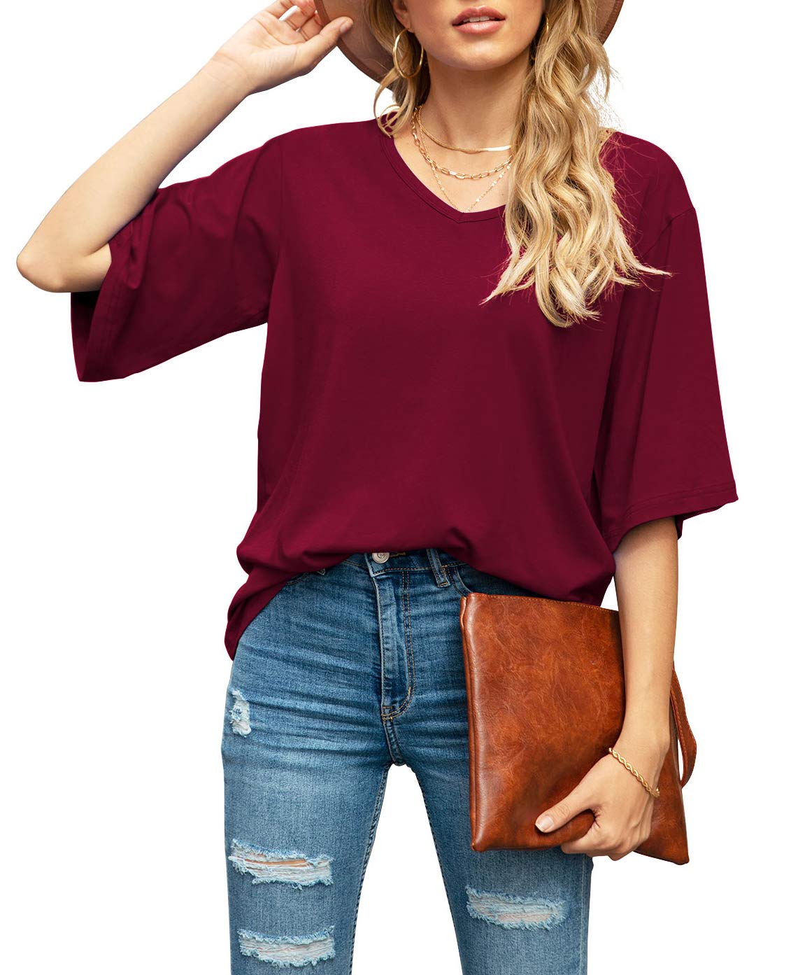 SUEANIWomen's Blouse Tops Loose V Neck 3/4 Bell Sleeve Shirt