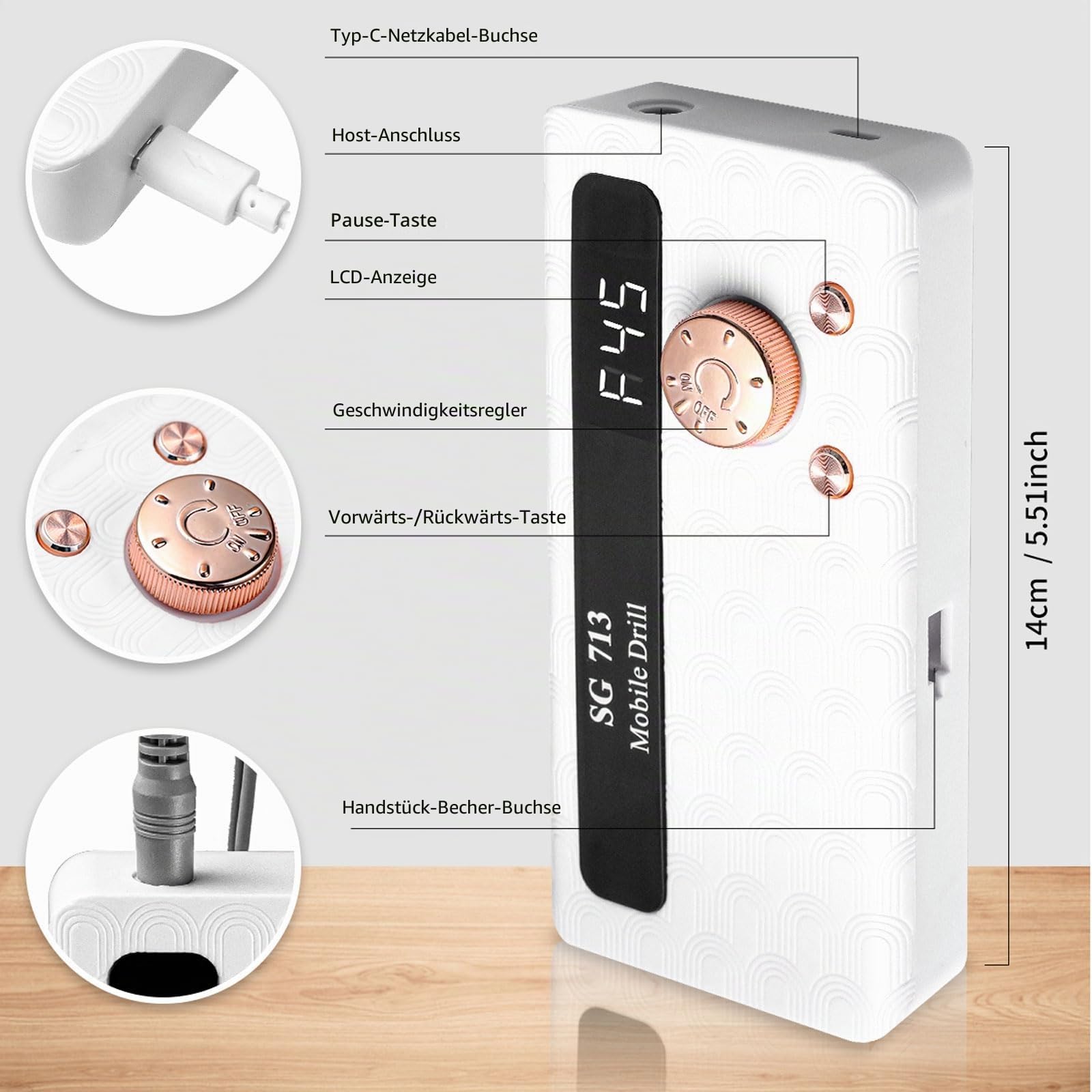 Elektrischer Nagelfräser Professionell, 45000 U/min,Tragbare Nagelfeile für Acrylnägel Gelnägel, mit 13 Bits und 56 Schleifbändern, LED-Bildschirm, Ultra-Leise, Salon-Grade Efeil-Nagelmaschine (Weiß)