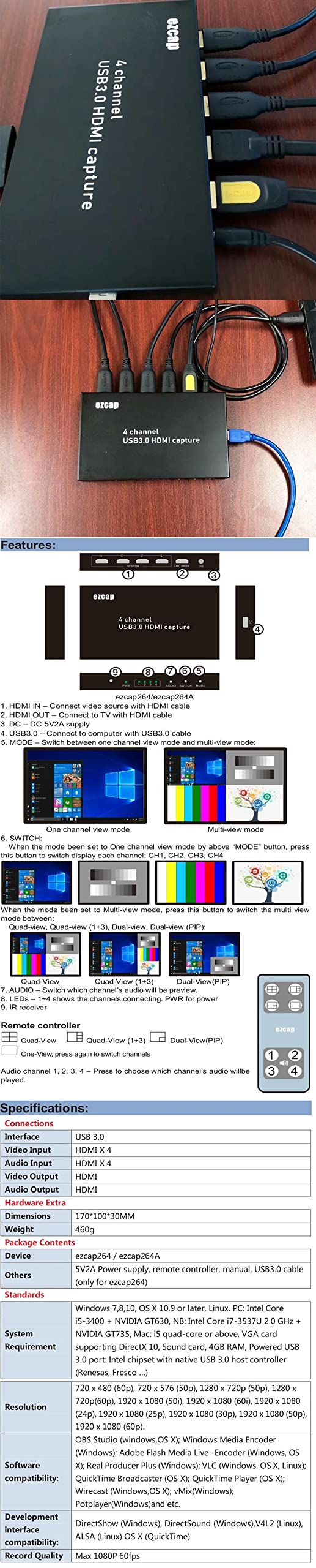Scheda di acquisizione video 4 canali USB3.0 1080P 60fps Cattura 4 videocamere Multipli su OBS Live Streaming