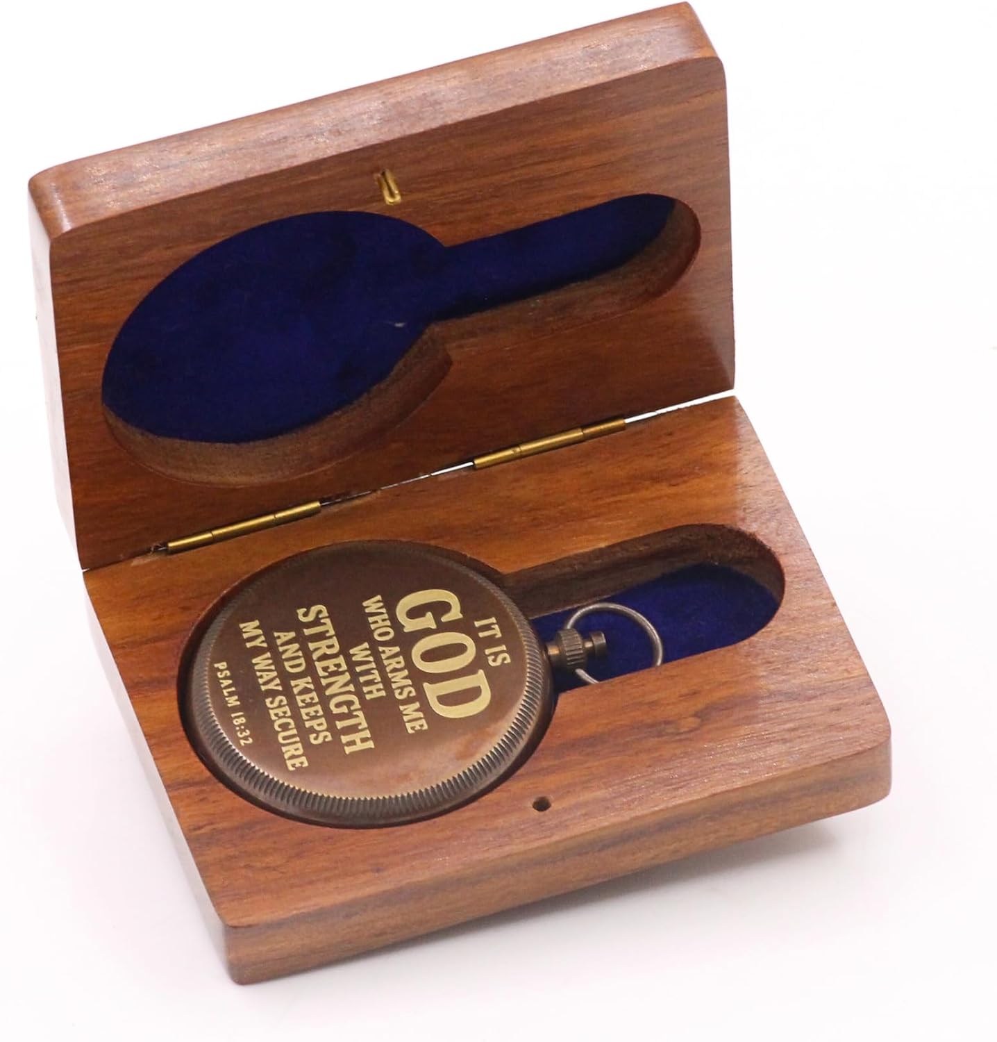 Man of God Compass – Psalm 18:32 Scripture Engraved – Solid Brass Pocket Compass with Engraved Wooden Box– Christian Gift for Men, Son, Husband, Graduation, Travel Keepsake