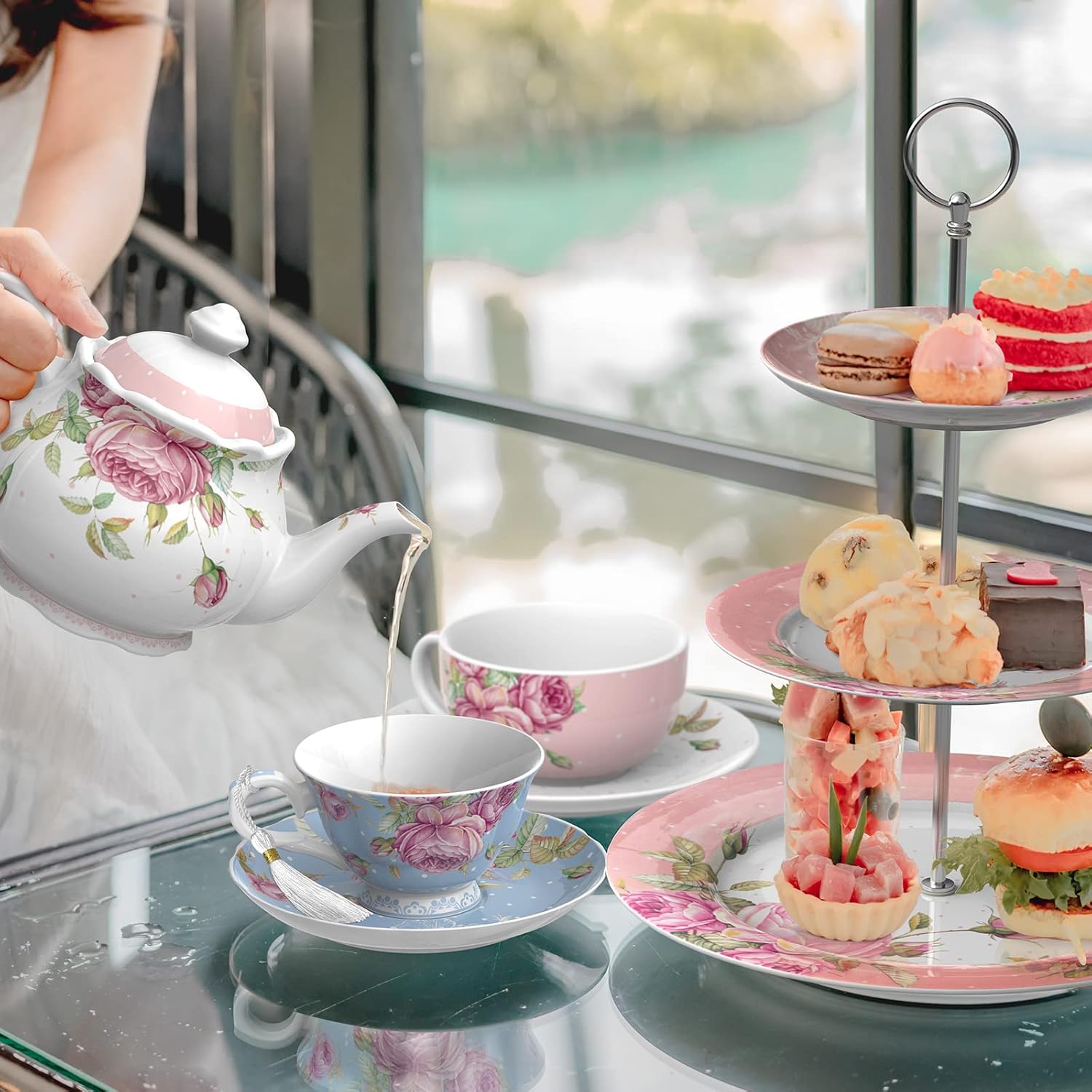 London Boutique Tea Cup and Saucer Set 1 Afternoon Tea Set New Bone China Vintage Flora Gift Box 200m (Blue)