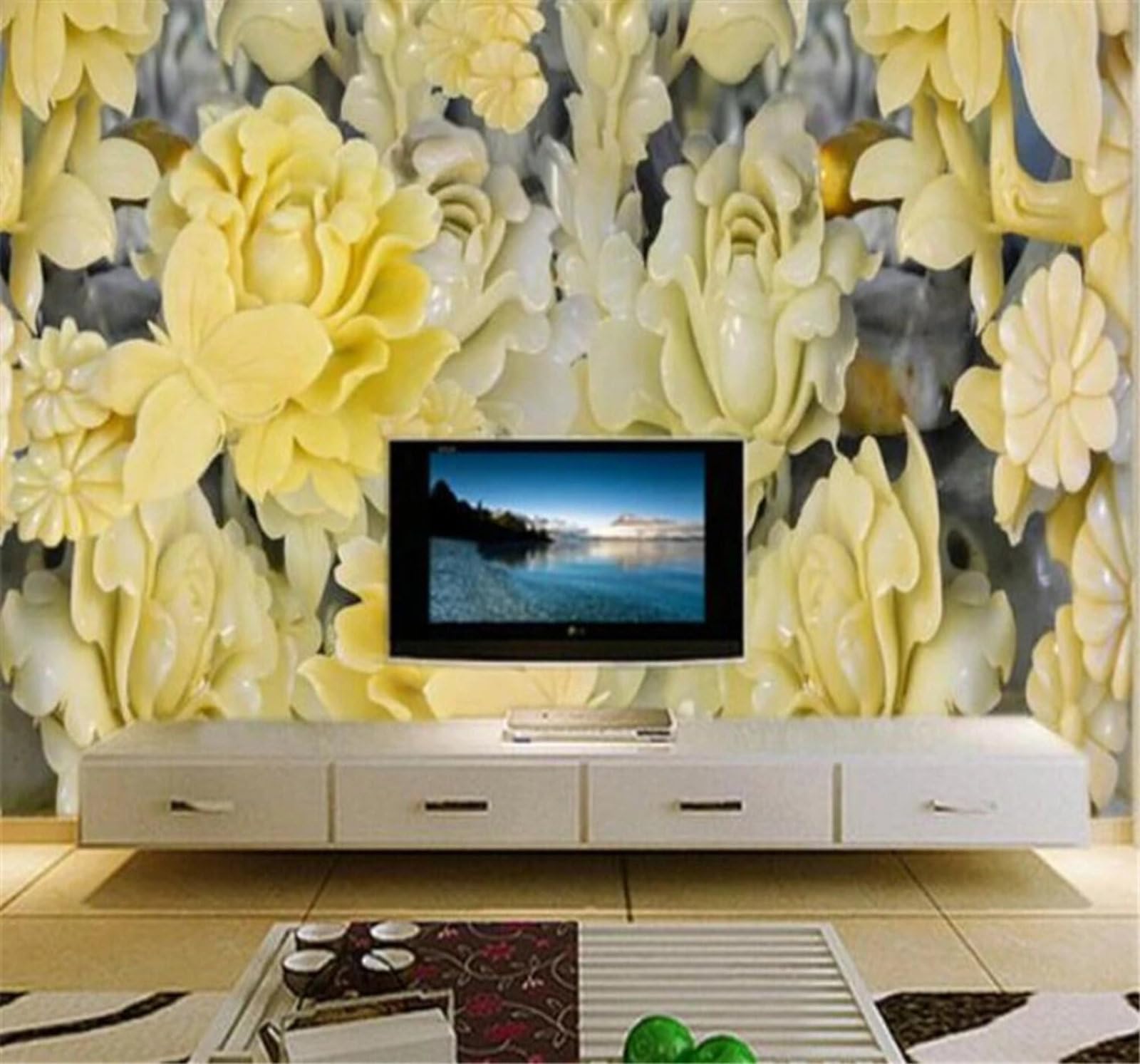 XLMING Three Dimensional Jade Carving Beautiful Rose Butterfly 3D Wallpaper Luxury Silk Study Dining Feature Sofa Grey Bedroom Living Room Tv Decorative Wall-250cm×170cm