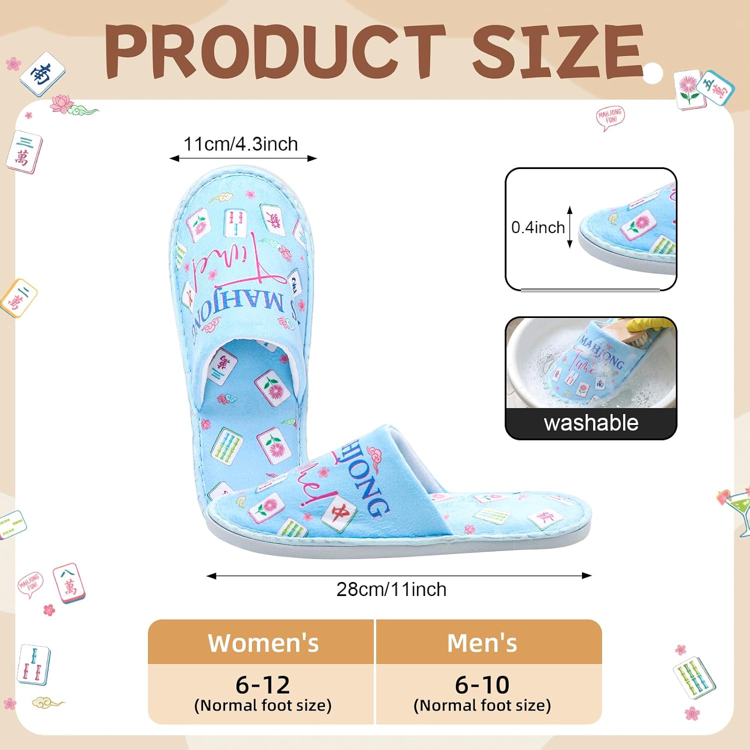 4 Pairs Mahjong House Slippers for Guests Mahjong Party Supplies Disposable Washable Indoor Slipper with Thick Sole, Non Slip Slipper for Spa Hotel Travel, Unisex Mah Jong Gift
