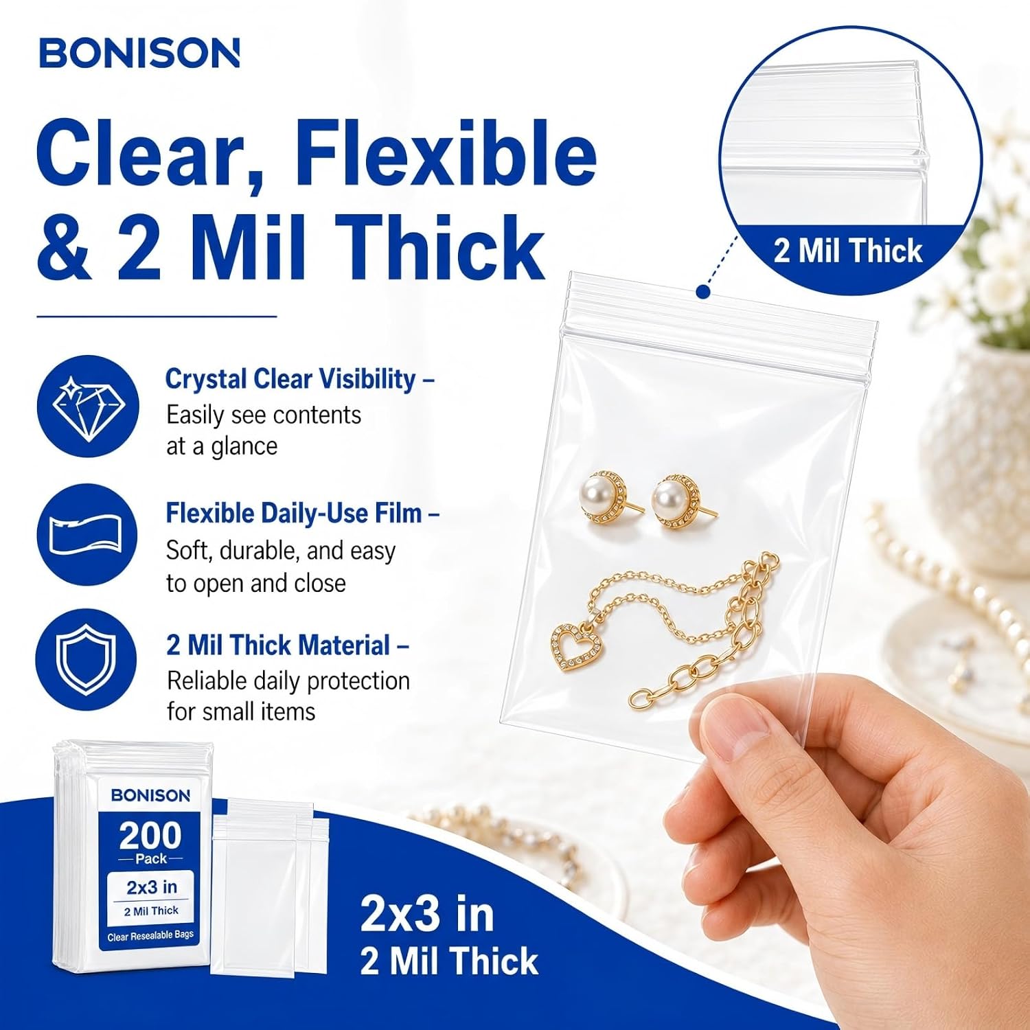 2x3 Inch Clear Reclosable Bags 200 Pack, 2 Mil Small Zip Bags for Jewelry, Pills, Beads, Craft Supplies, Small Parts, Resealable Plastic Baggies for Samples, Earrings, Seeds & Daily Storage image 2