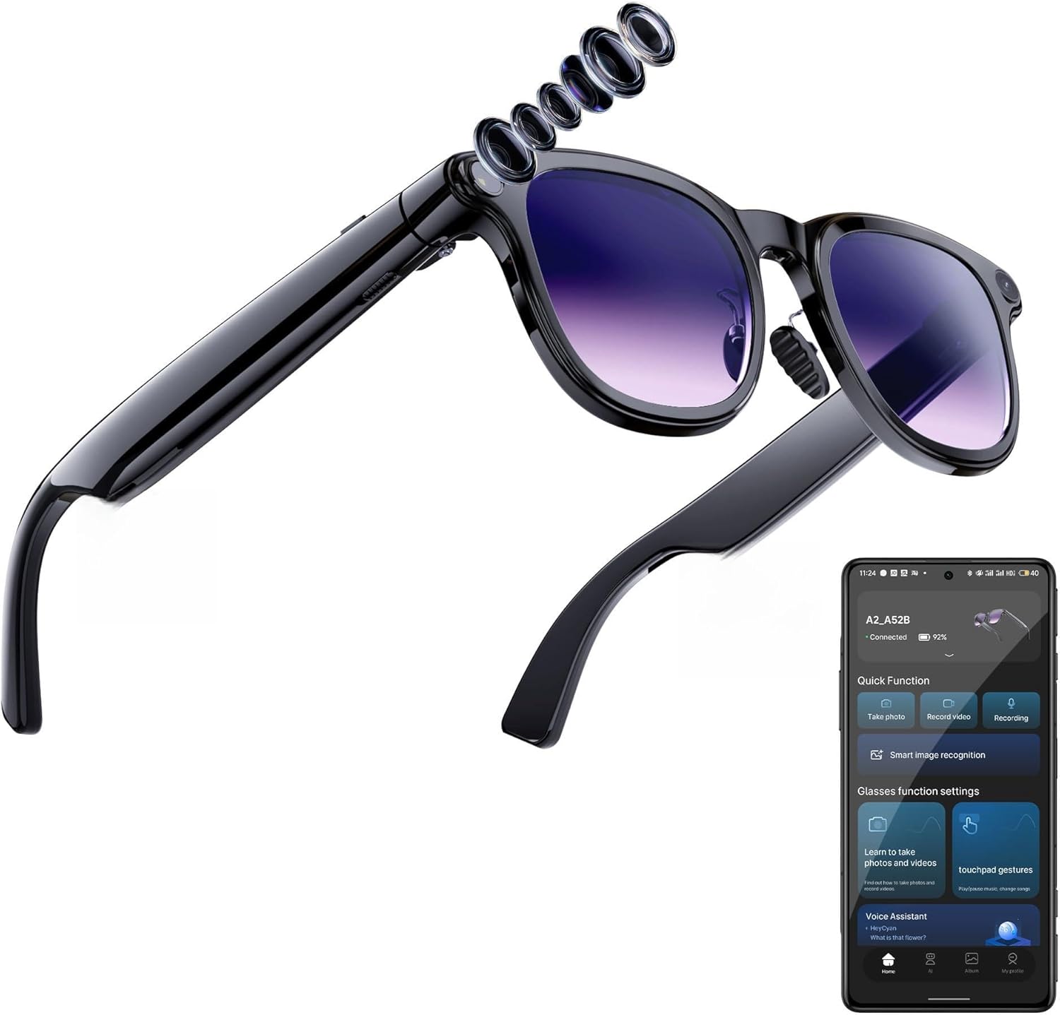 AI Smart Glasses with Camera, 1080P Video Recording Glasses, 8MP Camera Glasses, Real Time Translation, ChatGPT AI Voice Assistant, Open-Ear Audio, Sunglasses UV Protection for Daily Travel