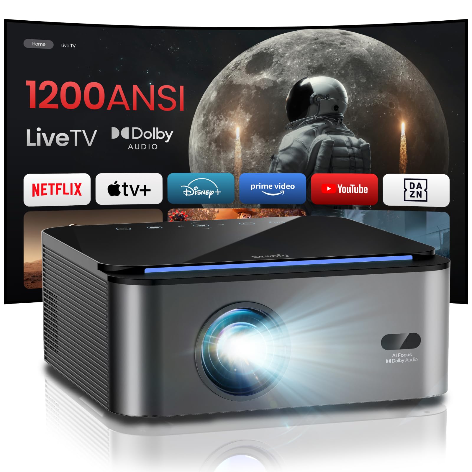 Proyector 4K【1200 ANSI/Netflix Oficial】Ares A2 Smart Proyector Live TV, Dolby, 20W Altavoces Hi-Fi, 4K Soporta, Proyectores 1080P Nativo WiFi Bluetooth 5.3, 50% Zoom, para PS5/PC/Cine en Casa/Exterior