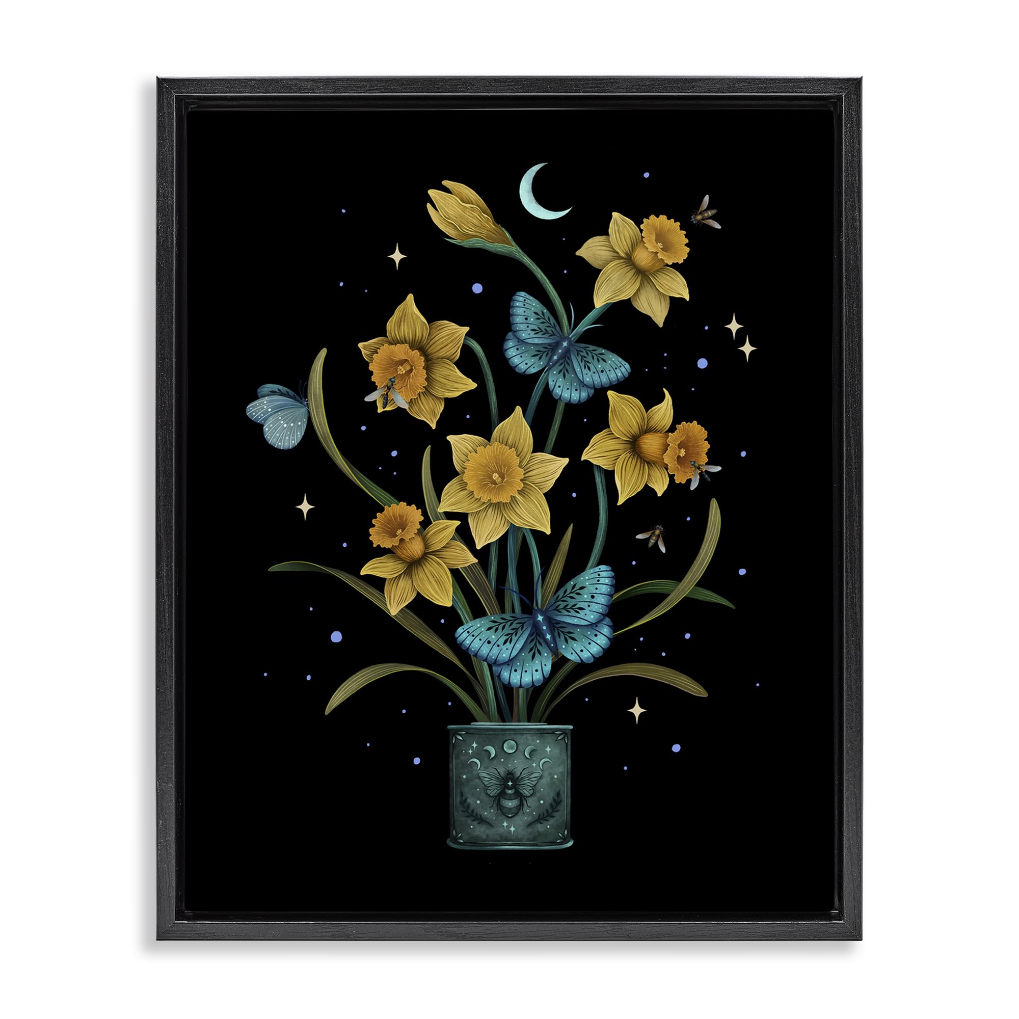 Stupell Industries 'Mystical March Daffodils', Floating Frame Canvas Art, Black, 17 x 21 Inches, Easy to Hang and Sturdy, Made in USA, by Episodic Drawings