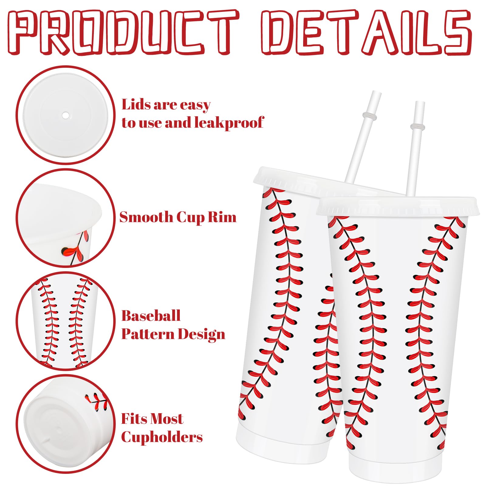 FYSUIMU Lot de 12 gobelets en plastique réutilisables avec couvercles, pailles, ballon de sport, pour anniversaire, café glacé, boissons, voyage, 700 ml (rouge/blanc)