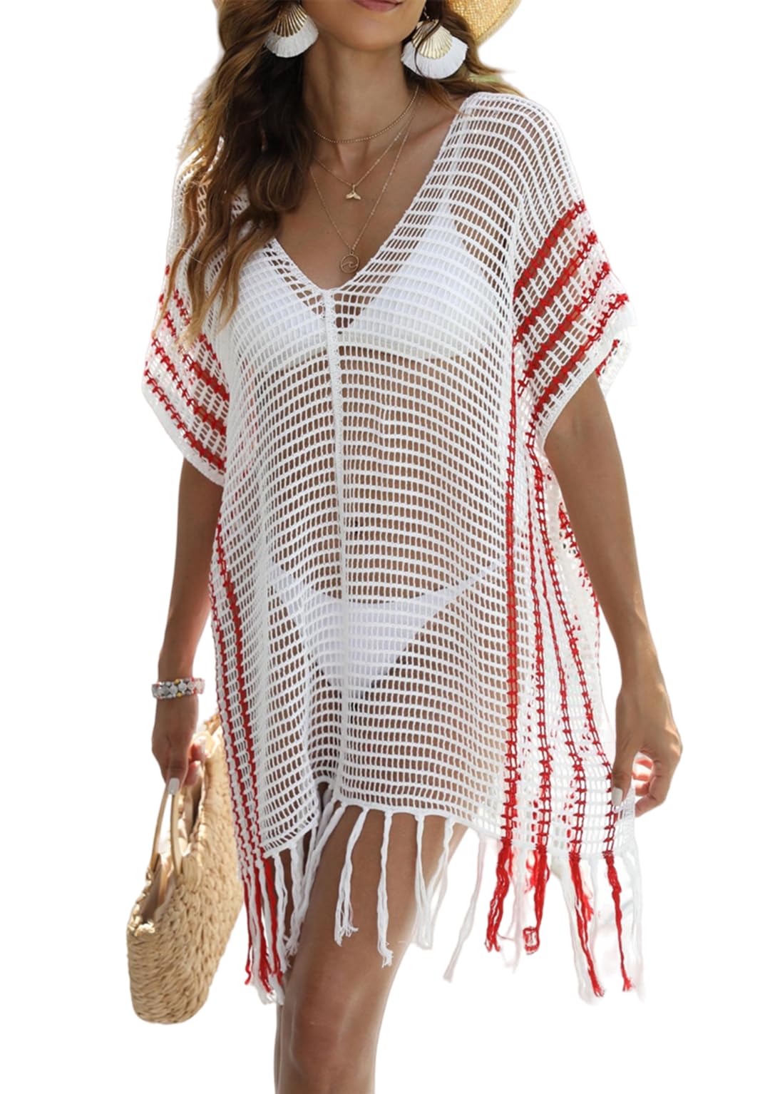 Xuan2Xuan3 Crochet Swimsuit Cover Ups Dress Tassel Color Block Bikini Beach Coverups Dresses for Bathing Suit