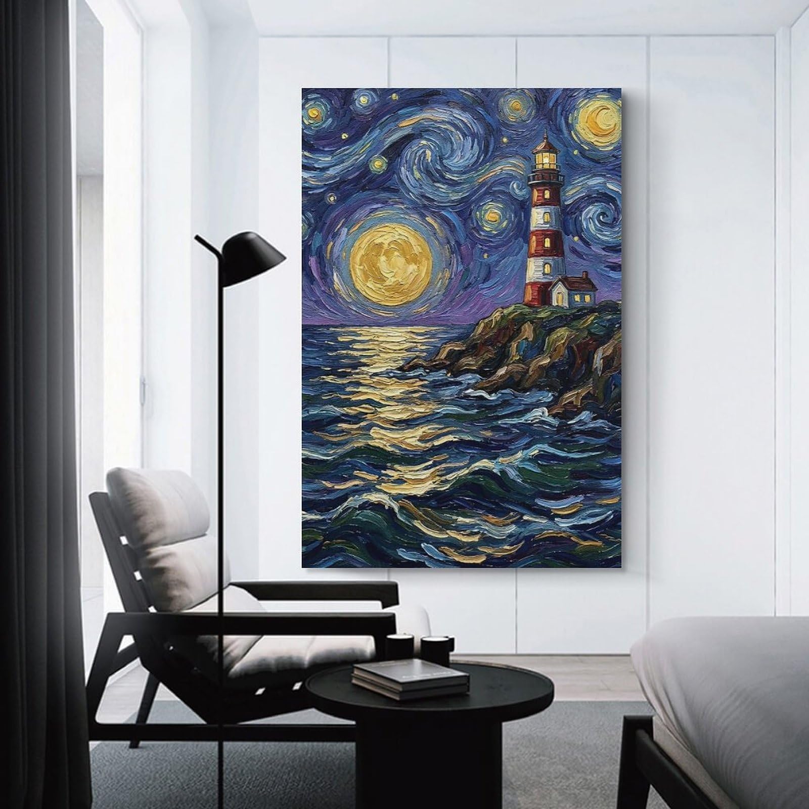 Junmoney Lighthouse Under Starry Night Sky Painting Wall Decor Canvas Print, 20x30inch(50x75cm), for Bedroom, Lounge Or Dressing Area, Decorative Wall Art for Cosy Rooms