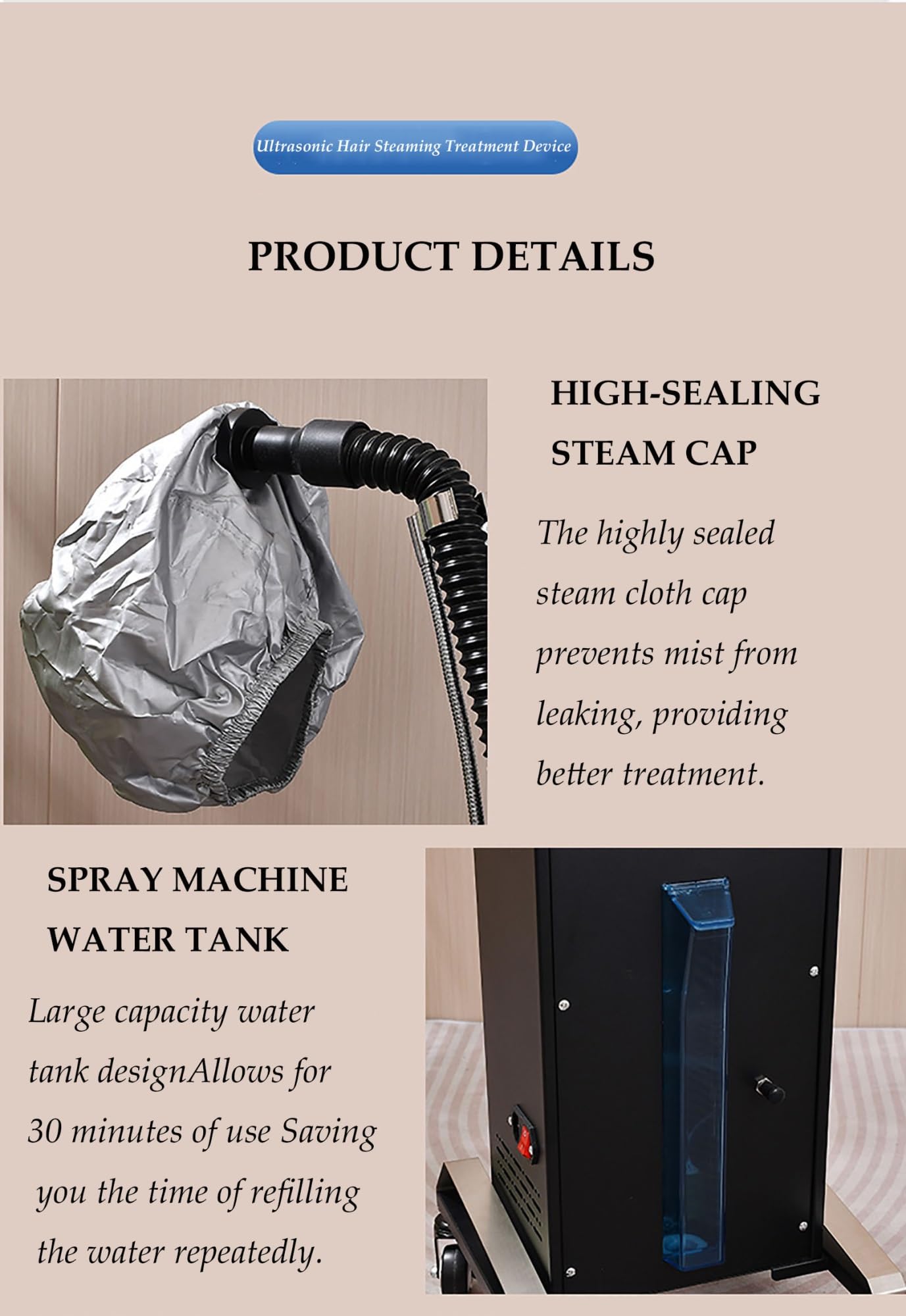 Vaporizzatore professionale for capelli nano con 2 cappucci vaporizzatori, macchina for il trattamento dell'olio di ozono con micro nebulizzazione da 700 W(Black)