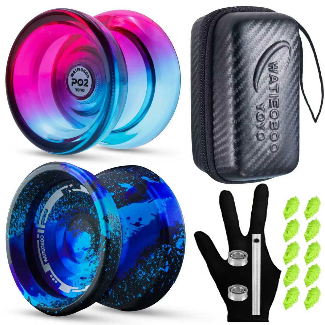 WATIEOBOO Yo-Yo 2-Piece Pro Set - P02 Crystal & M18 Camouflage Metal Yo-Yos With Gloves & Strings