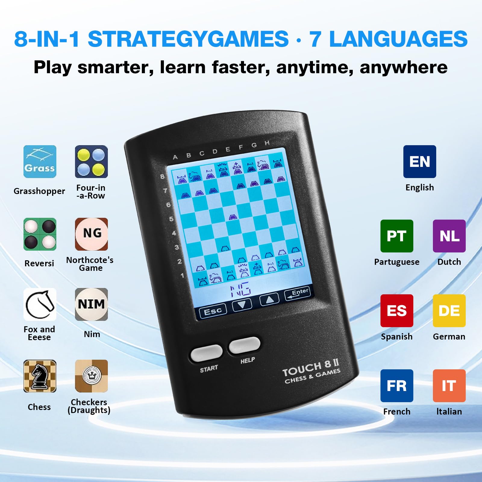 Juego de ajedrez portátil (8 en 1 con entrenamiento de IA, pantalla HD de 7,4 cm, juego de ajedrez de viaje portátil para niños y adultos, más de 220 juegos