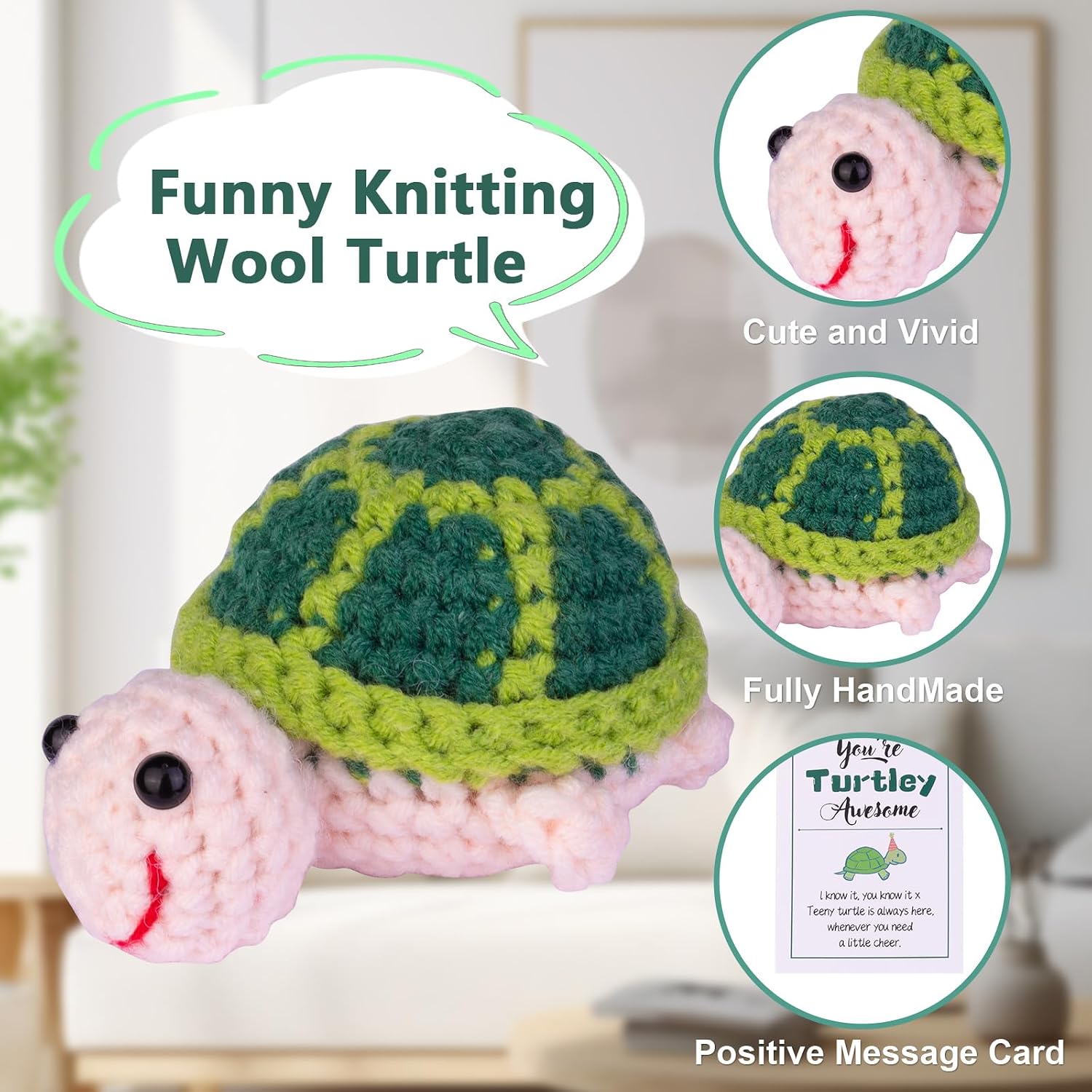 Funny Crochet Turtle Doll, Handmade Emotional Support Knitting Wool Turtle Animal Gift Car Ornament with Positive Affirmation Card for Car Home Office(Purple)