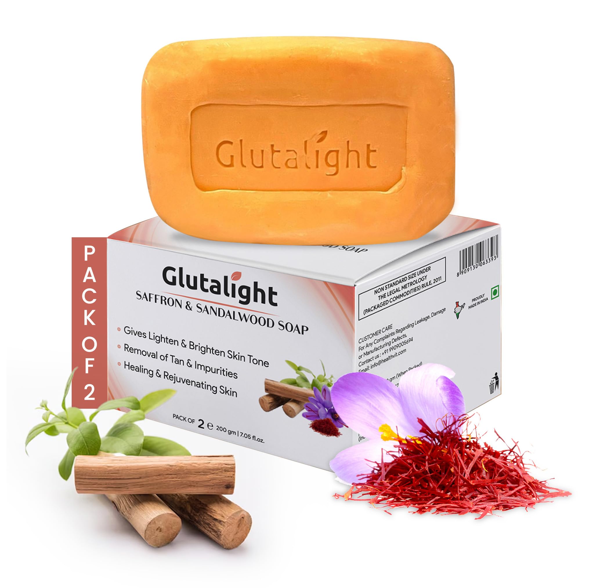 Glutalight Saffron & Sandalwood Soap |Glutathione |Tan Removal |Hydrates, Soothes & Cleanses Gently |Fades Pigmentation & Dark Spots |Bathing Soaps Combo Offers |For All Skin Types - Pack of 2