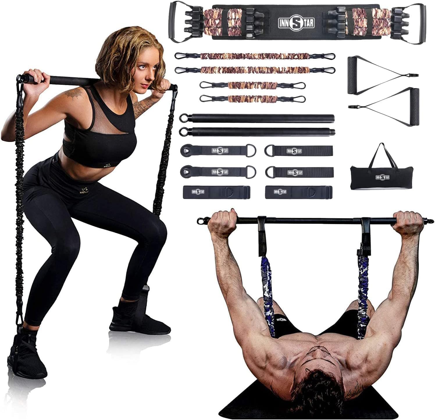 INNSTAR Tragbares Heim-Fitness-Set mit Trainingsstange, Bankdrück-Set, Squat Deadlift Widerstandsband, Türanker und mehr Ganzkörper-Trainingsgerät zum Aufbau von Muskeln und Formen des Körpers