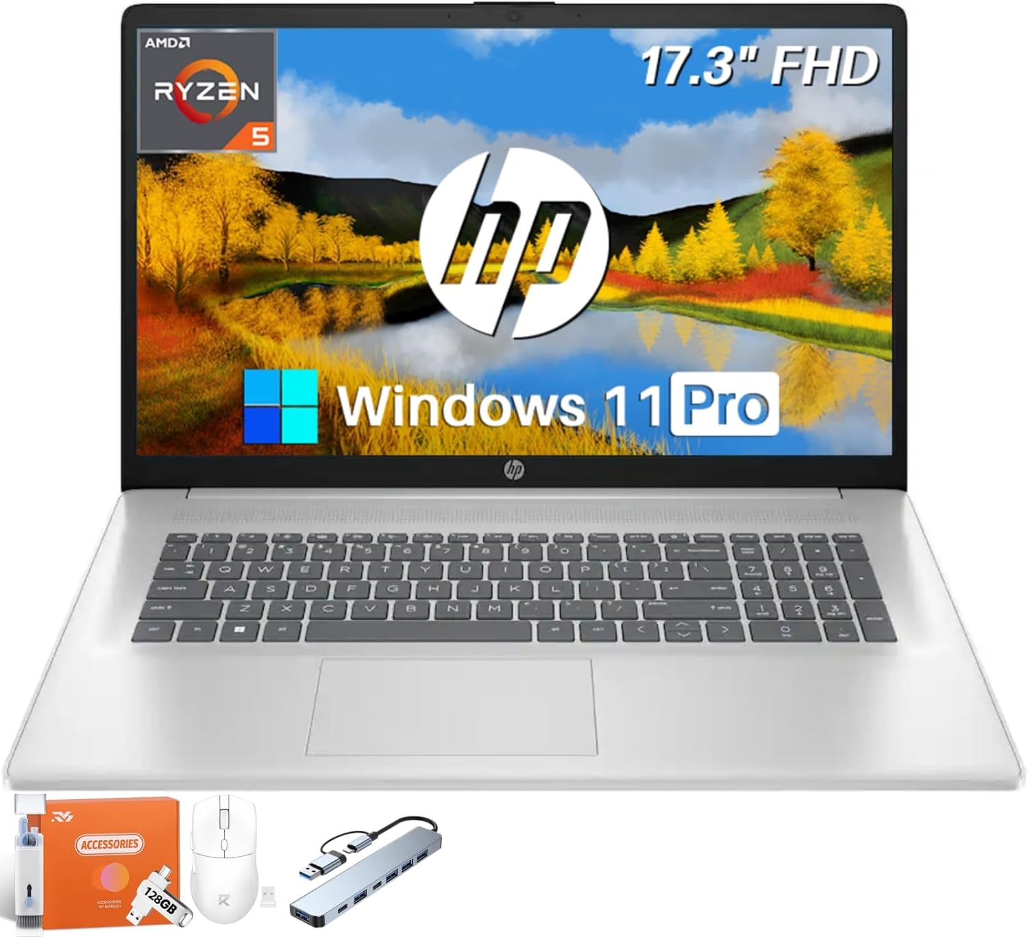 HP 17 Inch Laptop, AMD Ryzen 5 7430U (Beats i7-11370H), 17.3'' Anti-Glare Full HD IPS Display, 16 GB RAM, 1 TB SSD, Windows 11 Pro, Wi-Fi 6, Copilot AI, HP Fast Charge, w/Accessories