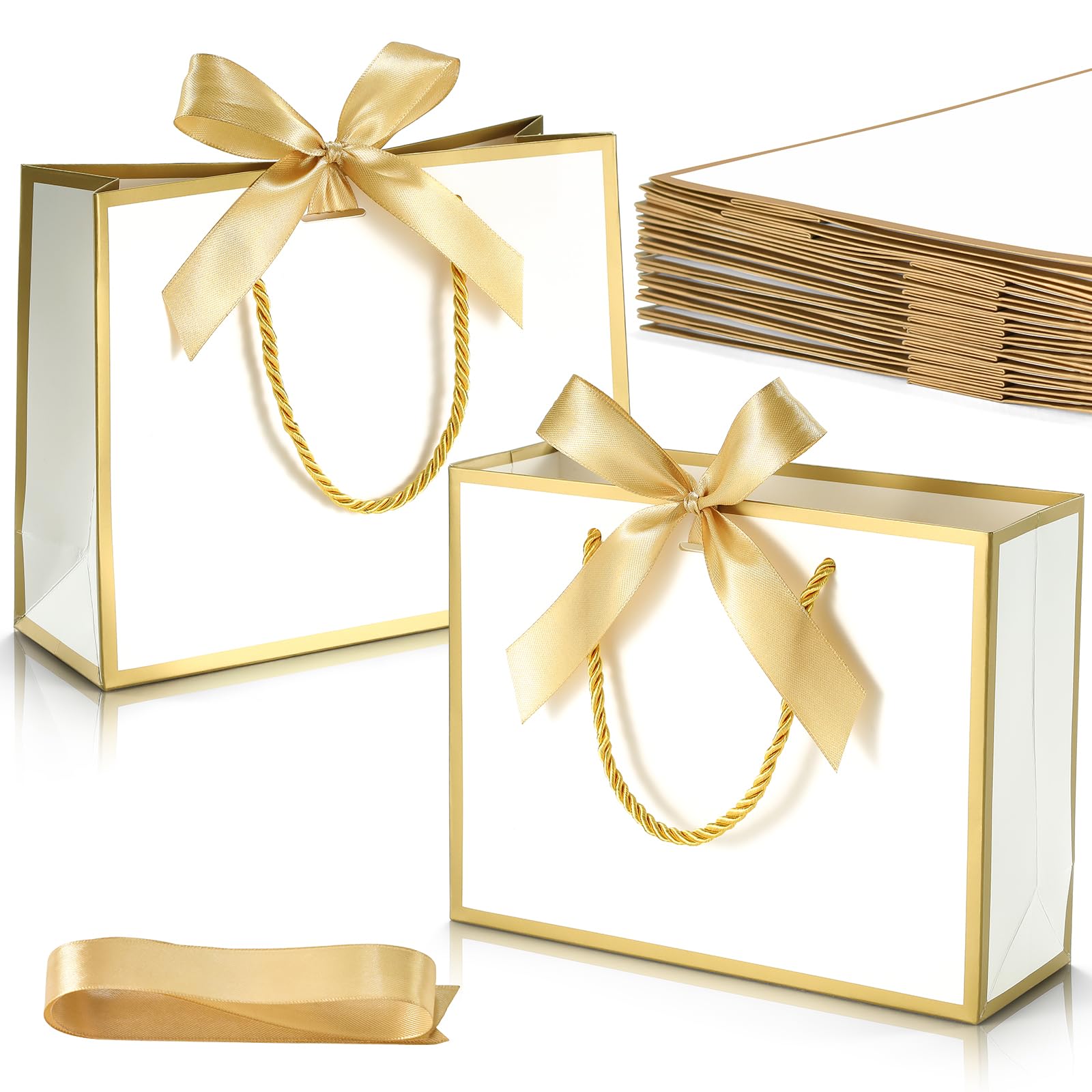 DOYIDE 12 Pcs Thank You Gift Bags with Handles, 9x7x3.1in Paper Gift Bags with Bow Ribbon, White Party Favor Bags for Any Birthday Wedding Baby Shower Bridesmaid Party Medium Gift Wrap Bags