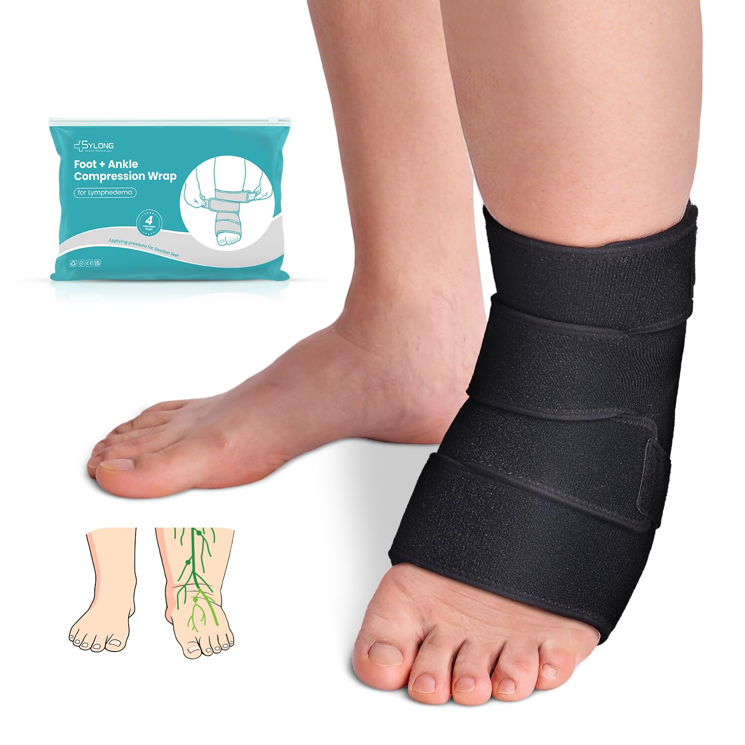 Sylong® Swollen Foot & Ankle Edema Compression Wrap Brace Adjustable Sleeve for Foot Lymphedema (M)