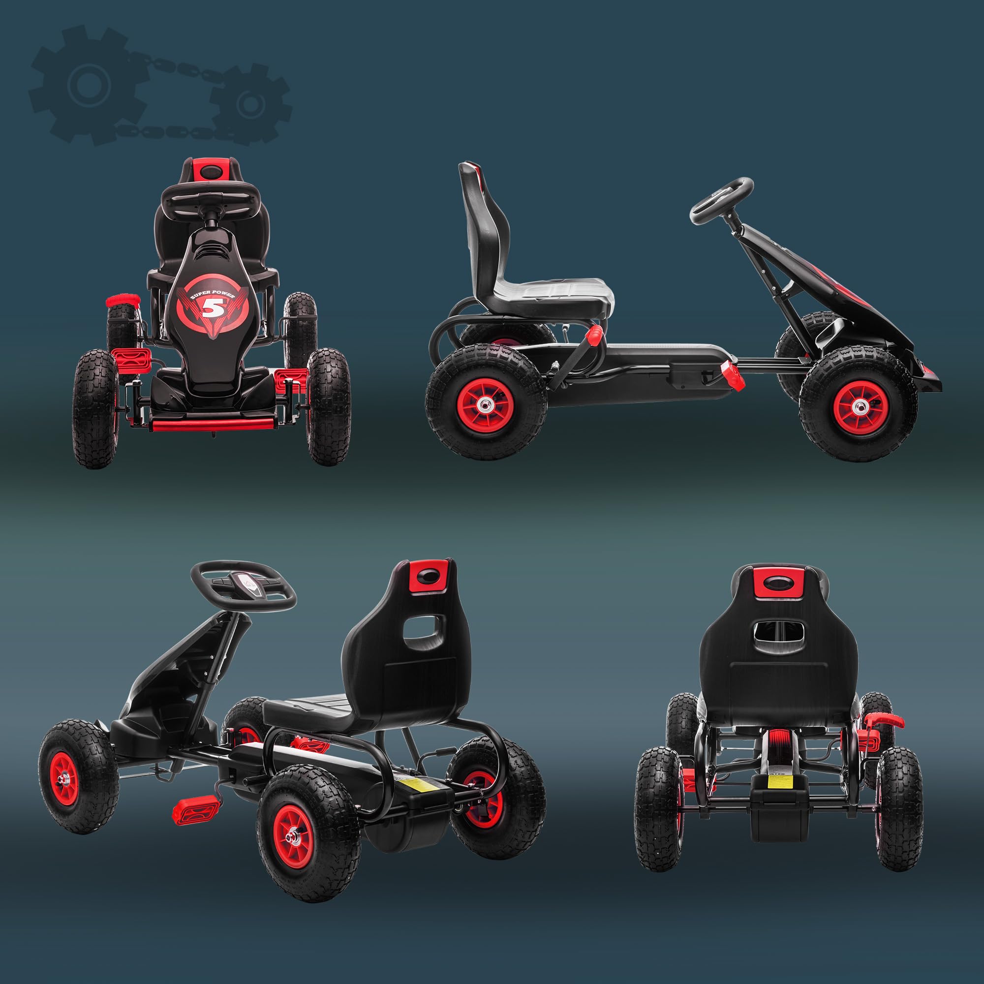 HOMCOM Go Kart a Pedali per Bambini 5-12 Anni con Sedile Regolabile, 50 kg Portata, Veicolo a Pedali per Bambini con Marcia, Avanti, Retromarcia, Freno a Mano e Ruote in EVA Antiscivolo, Rosso