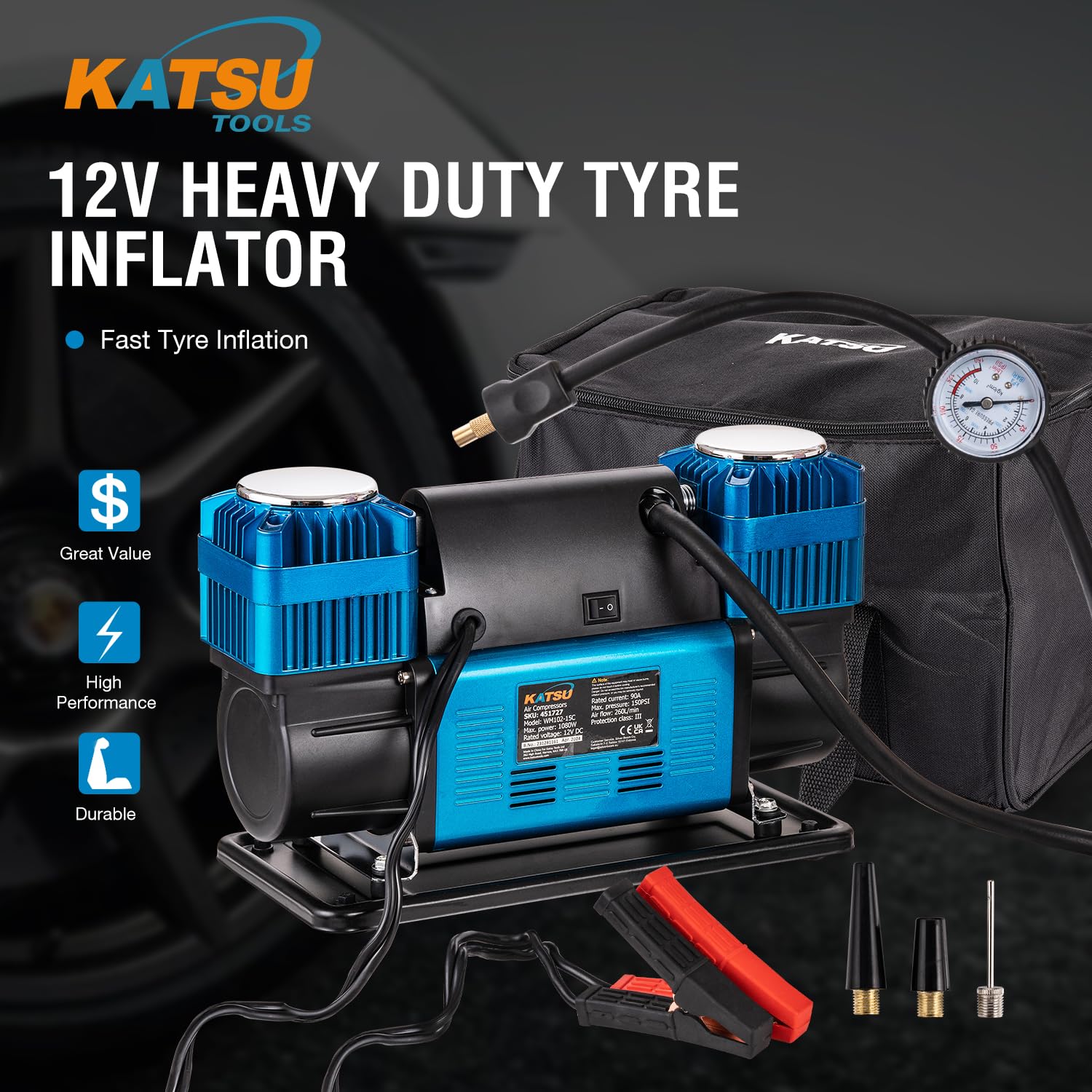 KATSU Gonfleur de Pneu de Voiture, 2 Cylindres 150 PSI 12V 50Amp 4WD Compresseur d'Air Portable Professionnel à Grand Volume Pompe à Pneu pour Auto Car Van Trucks Gonflables 451715