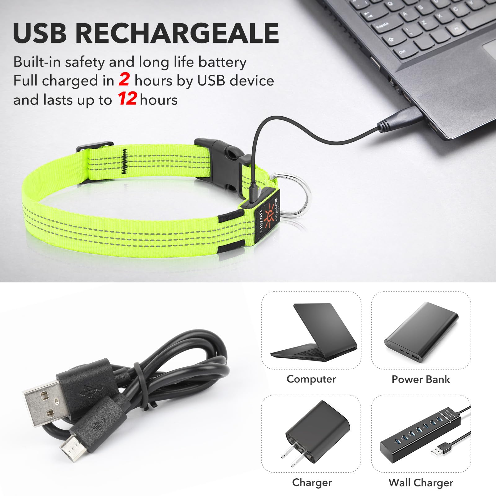 Collier pour chien Illumifun rechargeable par USB avec LED, collier lumineux réfléchissant pour chien, collier pour chien avec éclairage pour la marche nocturne (VertⅢ, Grand)
