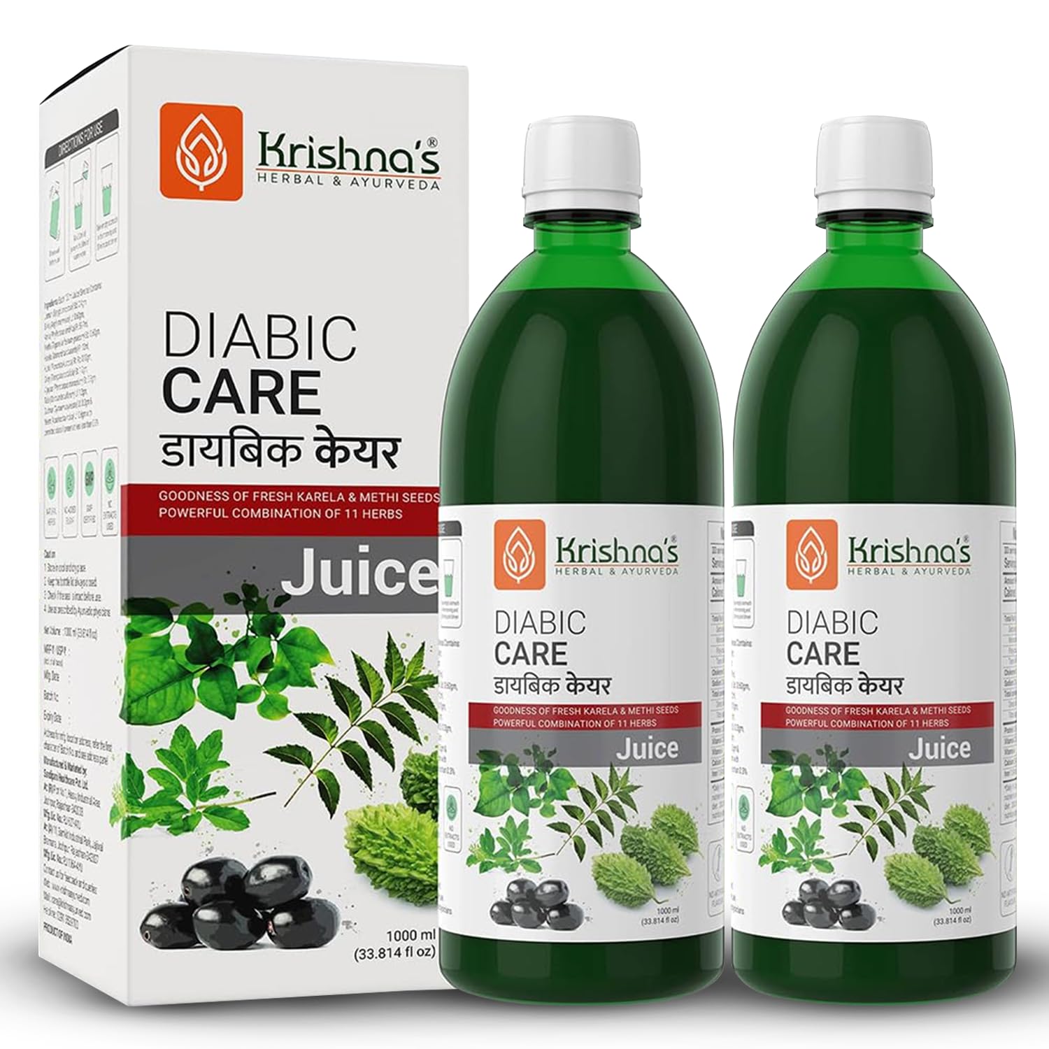 KRISHNA'S HERBAL & AYURVEDA Diabic Care Juice - 2000 Ml-Super Saver Pack | Blend Of 11 Herbs Methi, Amla, Karela, Jamun, Kutki, Guduchi & 5 Other Herbs To Manage Sugar Levels | Made In India