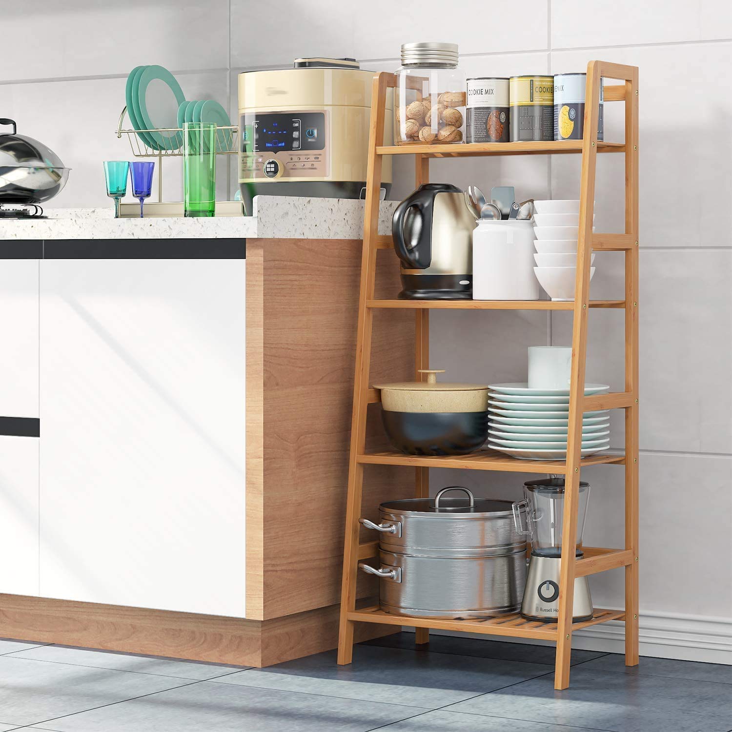 RAXTER 4 Tier Ladder Shelf Unit Bamboo Storage Shelves Bookcase Stand Shelves Plant Stand 115x48x32cm
