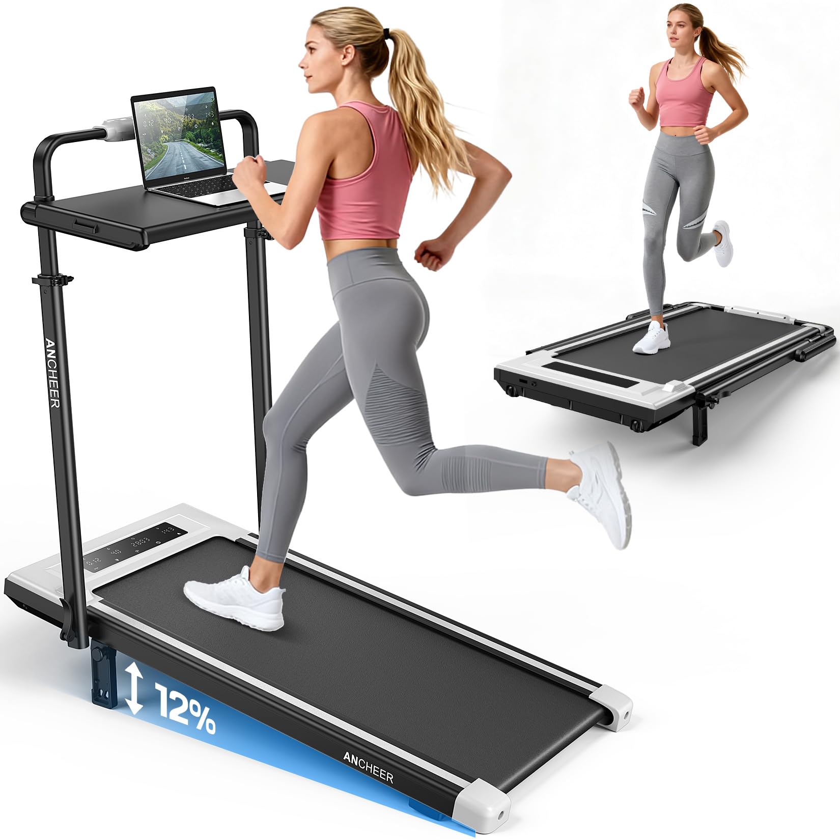 ANCHEER Walking Pad Treadmill with 12% Incline&amp;Adjustable Height, 4 in 1 Under Desk Treadmills with Desk Workstation, Foldable Treadmill for Home 300lb,3 Type Control (Elegant White)