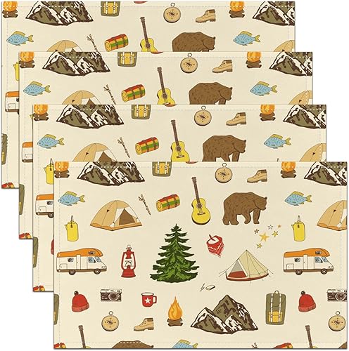Manteles individuales temáticos de campamento, diseño de oso de dibujos animados, guitarra, árboles, acuarela, para niños y niñas, lindos animales