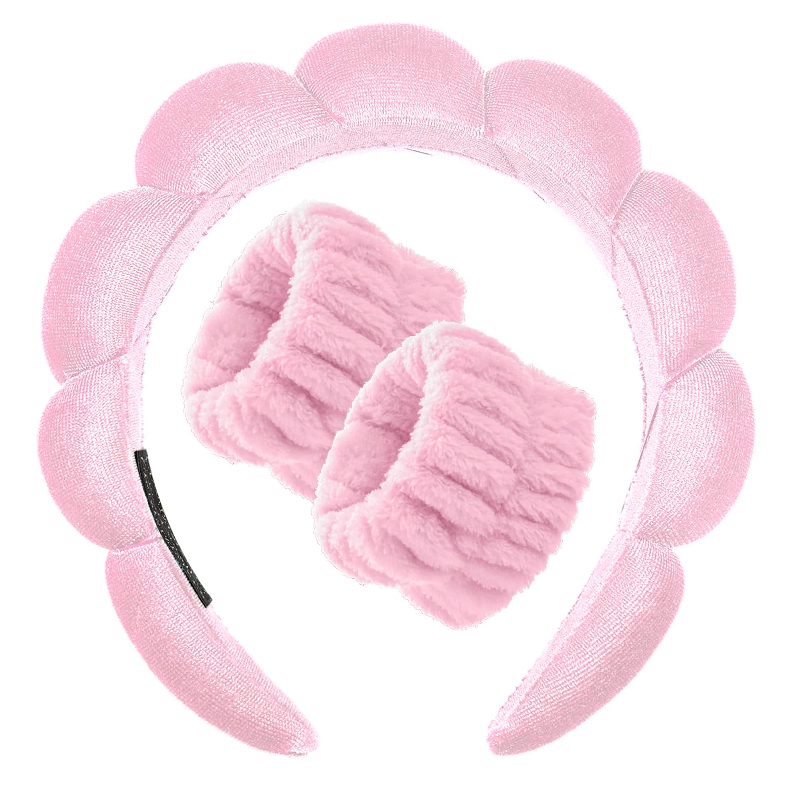 Photo 1 of (3 SETS) 3 Pack Sponge Headband Wristband Skincare Makeup Hair Band Set Flower Face Washing Headband Terry Cloth Wrist Washband Kit Pink)