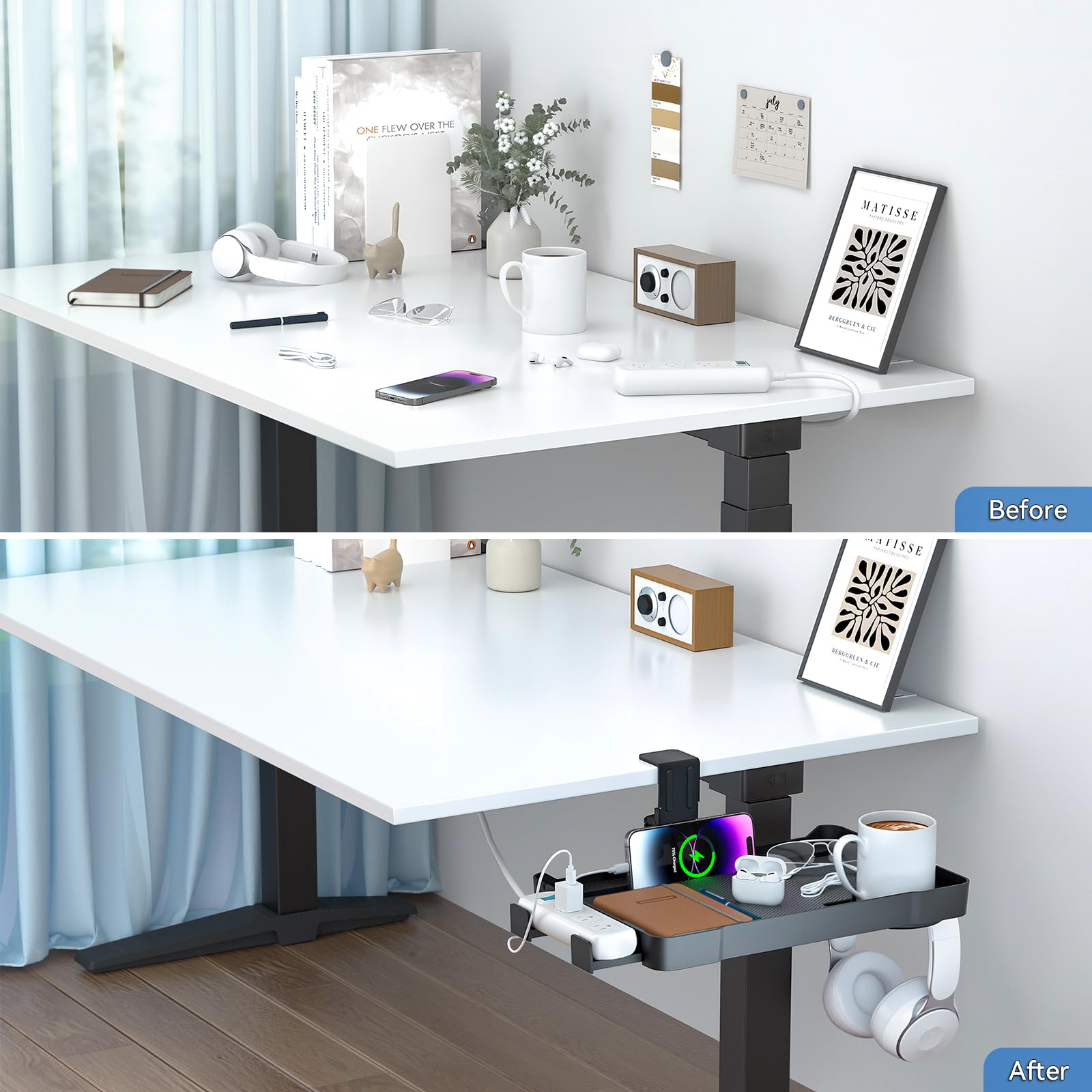 KDD Organizer pod biurko – obracany o 360° organizer na biurko z wieszakiem na słuchawki, gniazdem na telefon i tablet, uchwytem na kubek i uchwytem na gniazdo, bez wiercenia pod biurkiem, do domu