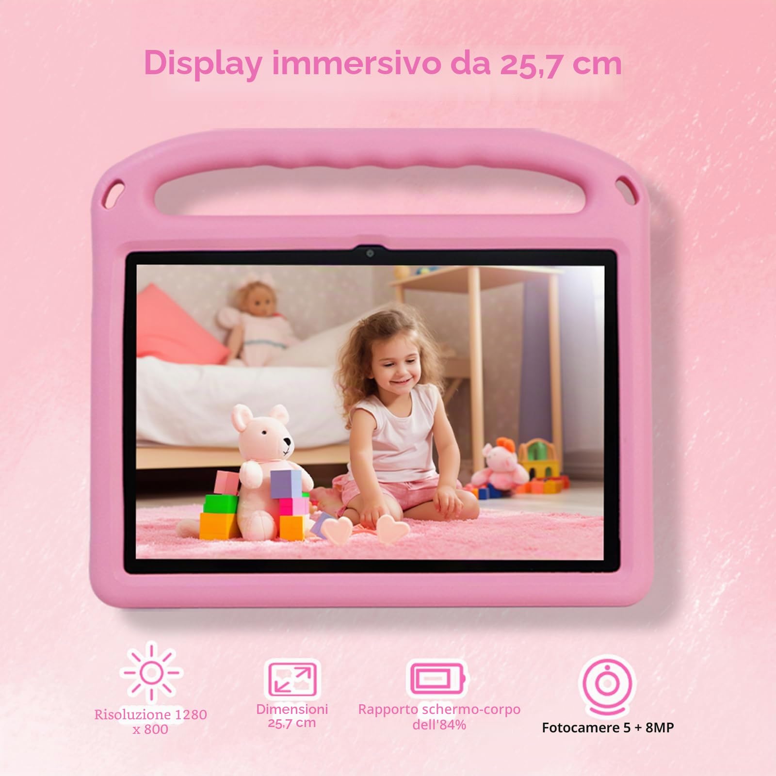 Android 14 Tablet per Bambini da 10 Pollici - 8GB+128GB (Fino a 1TB), WiFi 6, GMS, Controllo Parentale Family Link, Custodia EVA Antiurto (Rosa)