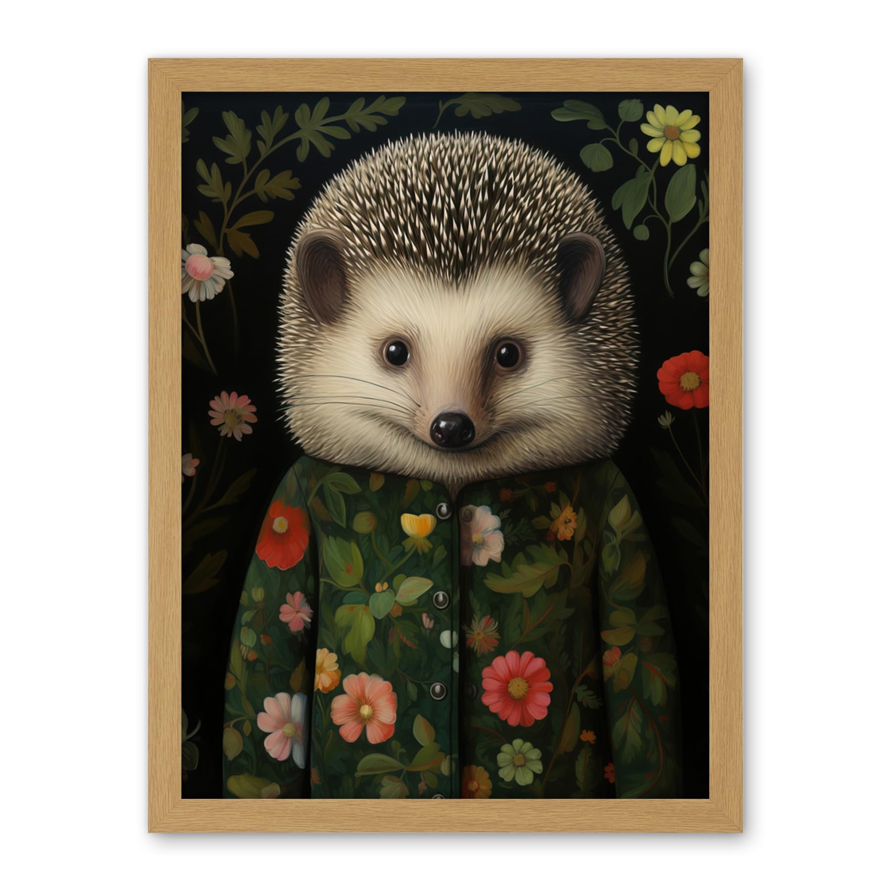 Artery8 Hedgehog in Hedgerow Floral Jacket Cute Kids Bedroom Artwork Framed Wall Art Print 18X24 Inch