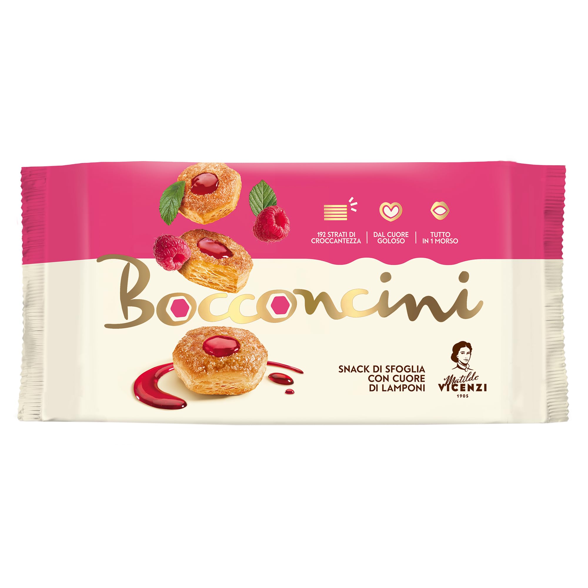 Matilde Vicenzi - Bocconcini di Pasta Sfoglia, Croccanti e Delicati, Snack Dolce di Raffinata Pasticceria Ripieno di Farcitura al Lampone, Formato Scorta, 10 Confezioni Singole, 900 gr