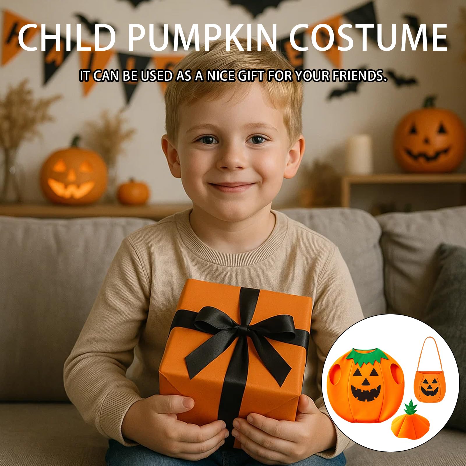 3Pcs Pumpkin Costume Set for Kids Halloween Costumes for Toddlers and Preschoolers Pumpkin Costume with Hat and Bag - Image 4
