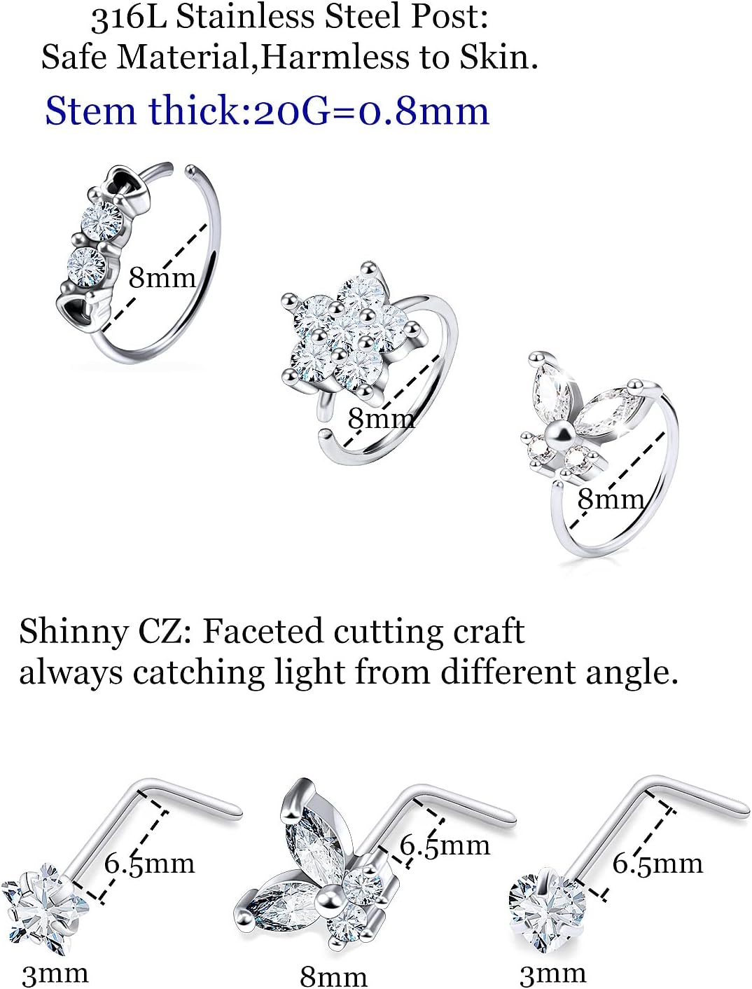 Nose Rings Studs Hoops Piercings Jewelry for Women Men 20g Surgical Stainless Steel l Shaped Bar Hypoallergenic Nostril - Image 6