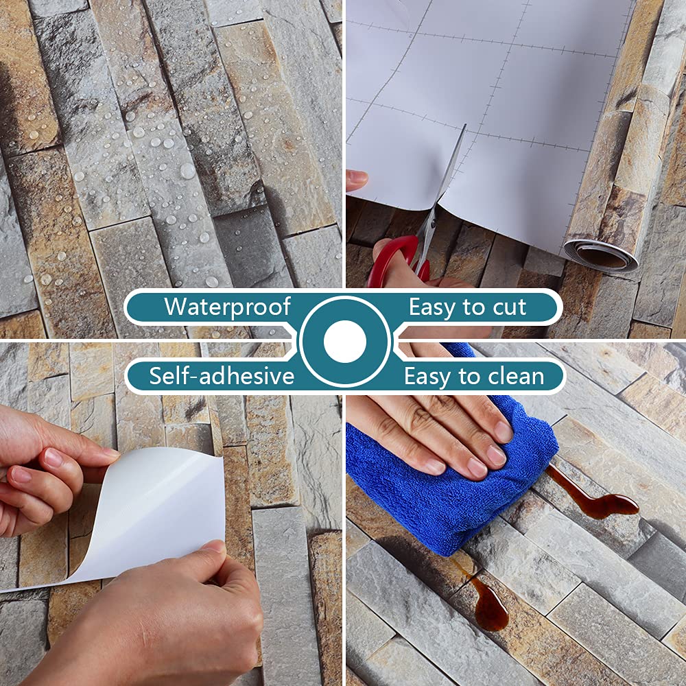 VEELIKE Carta da Parati Pietra Beige 60cm×900cm Pellicola Adesiva Effetto Mattoni Carta Adesiva Cucina Lavabile Pellicola Autoadesiva per Mobili Bagno Rivestimento Parete Soggiorno Camera da Letto