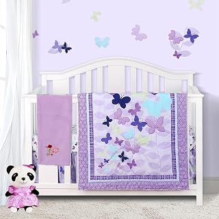 Sweet Baba Luxury 4 Piece Butterfly Crib Bedding Set,Purple Crib Set for Baby Girls,Microfiber Printed Nursery Bedding Set with Comforter/Skirt/2 Crib Sheets,100% Natural Cotton Crib Set