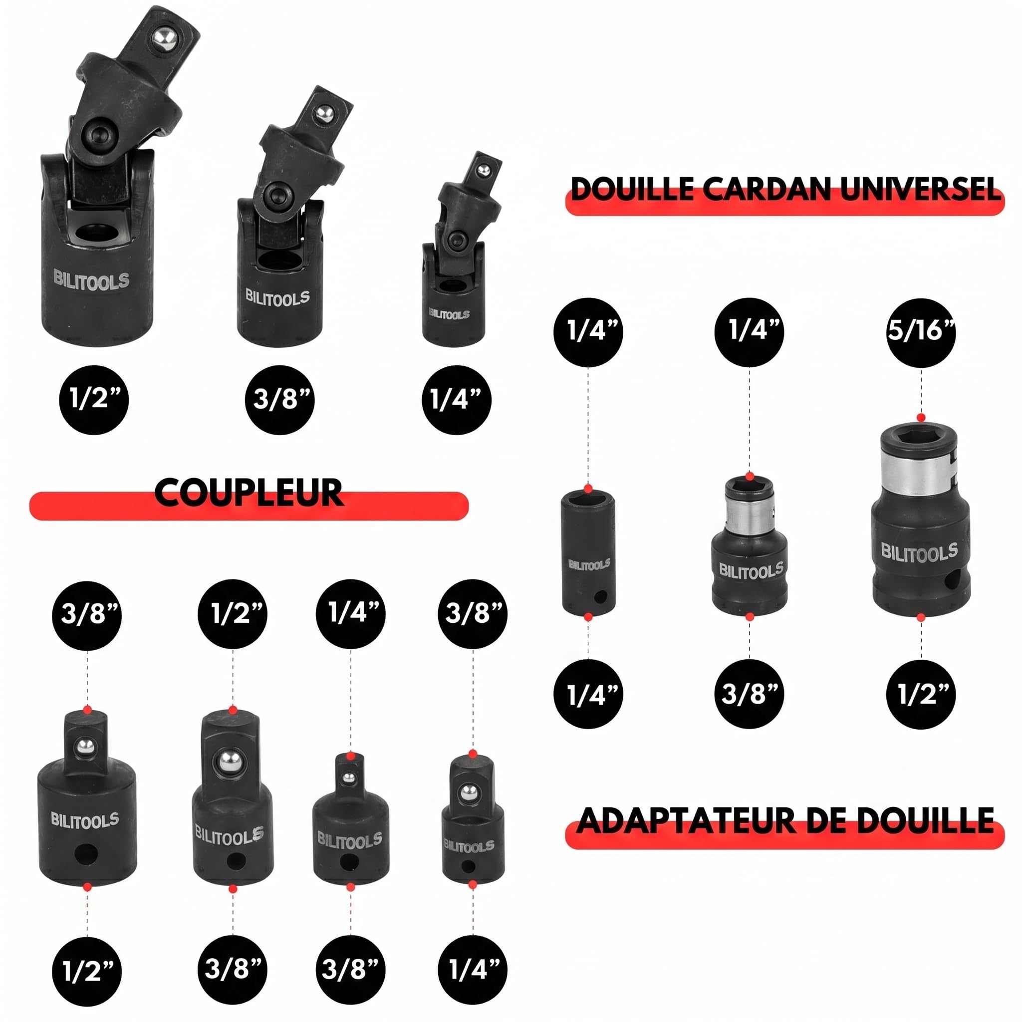 BILITOOLS Rallonge Cliquet 18 pièces 1/4", 3/8", 1/2" Jeu en acier Cr-V