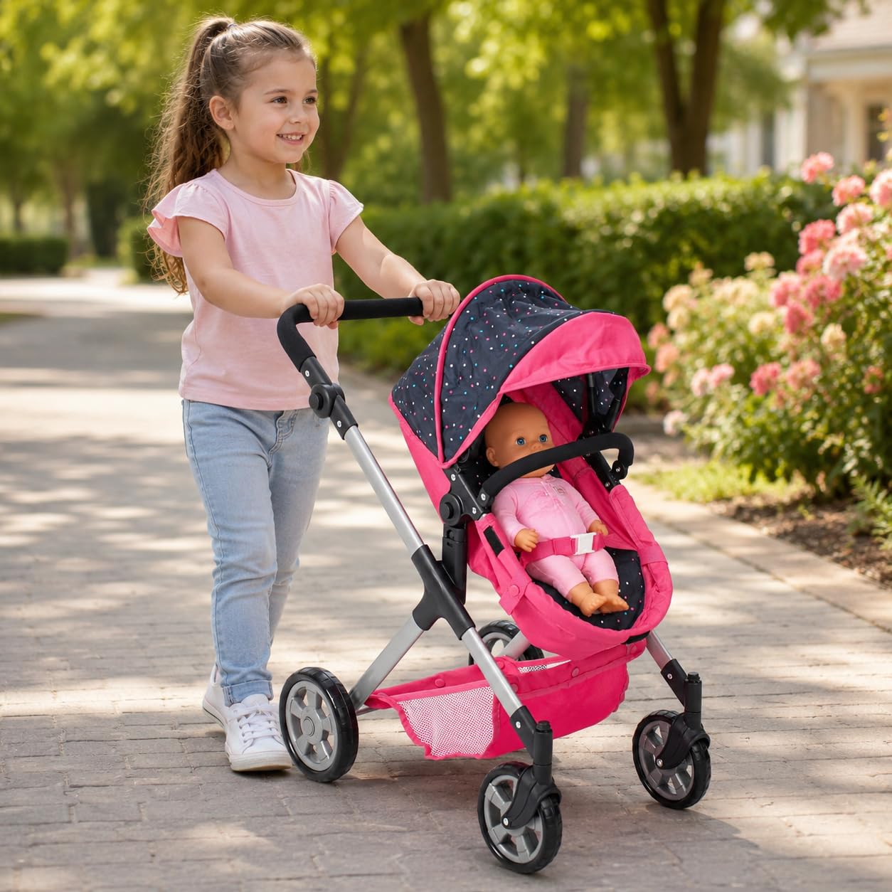 Bayer Chic 2000 Puppenwagen Mila, 2in1 Kombi-Puppenwagen, Konfetti pink | 2in1 Puppenwagen mit wendbarem Sportsitz, Babywanne & schwenkbaren Rädern. Höhenverstellbar 39-72 cm