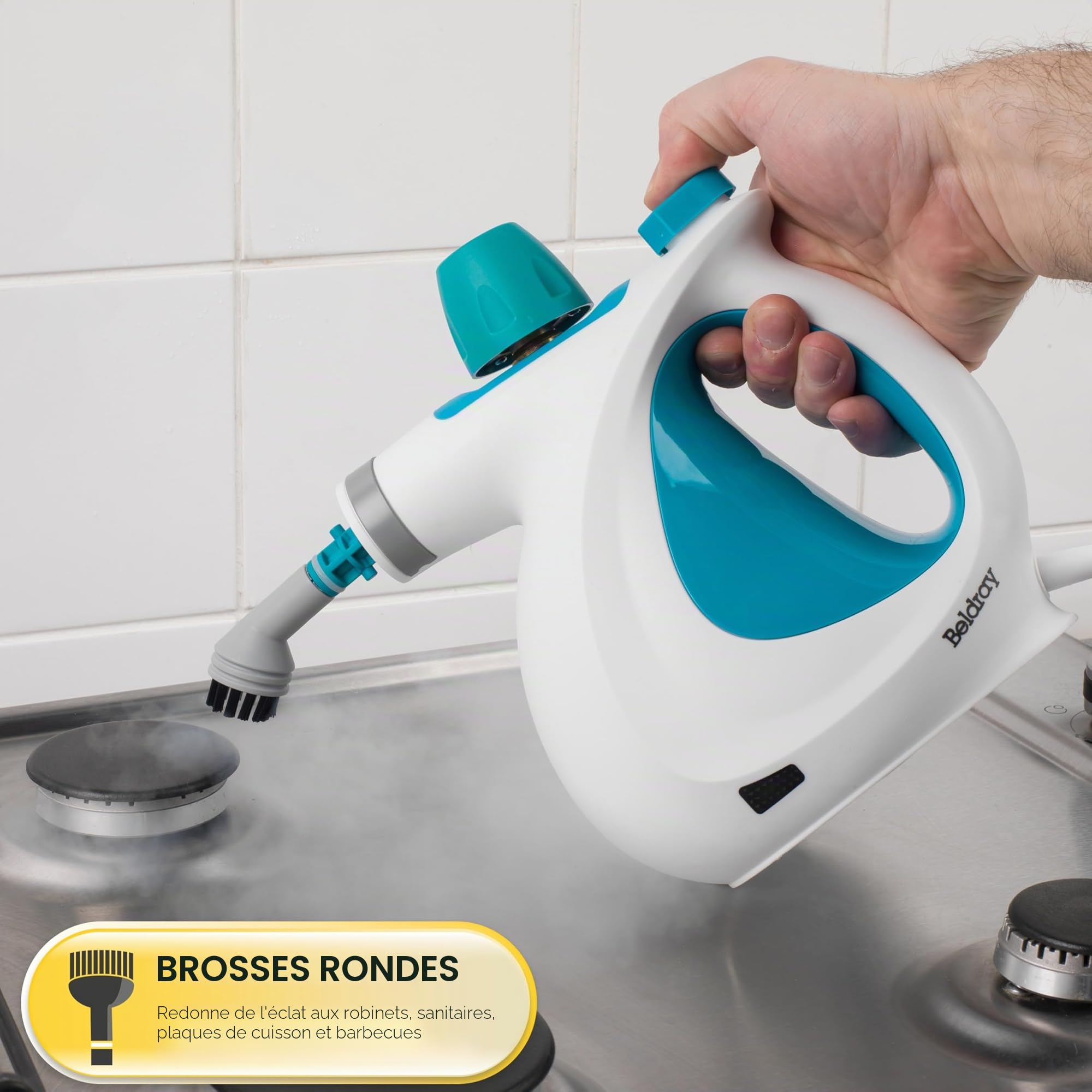 Beldray Nettoyeur Vapeur à Main 10-en-1 , Prise EU, Nettoyage et Désinfection Vapeur Multifonctionnel, Réservoir d'Eau de 250ml, Accessoires Nettoyage pour Rideaux, Salle de Bain, Cuisine etc, 1000W